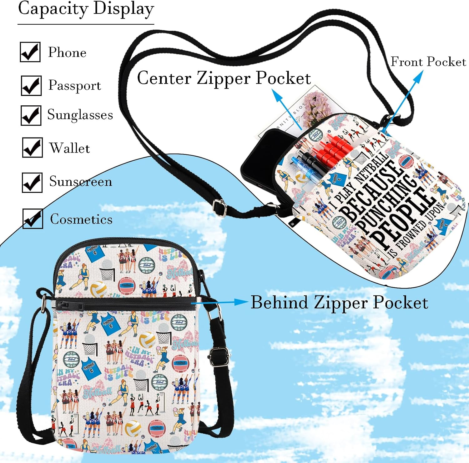 WCGXKO Netball Crossbody Bag Netball Appreciation Gift Netball Player Gift Netball Sports Gift Netball Messenger Bag