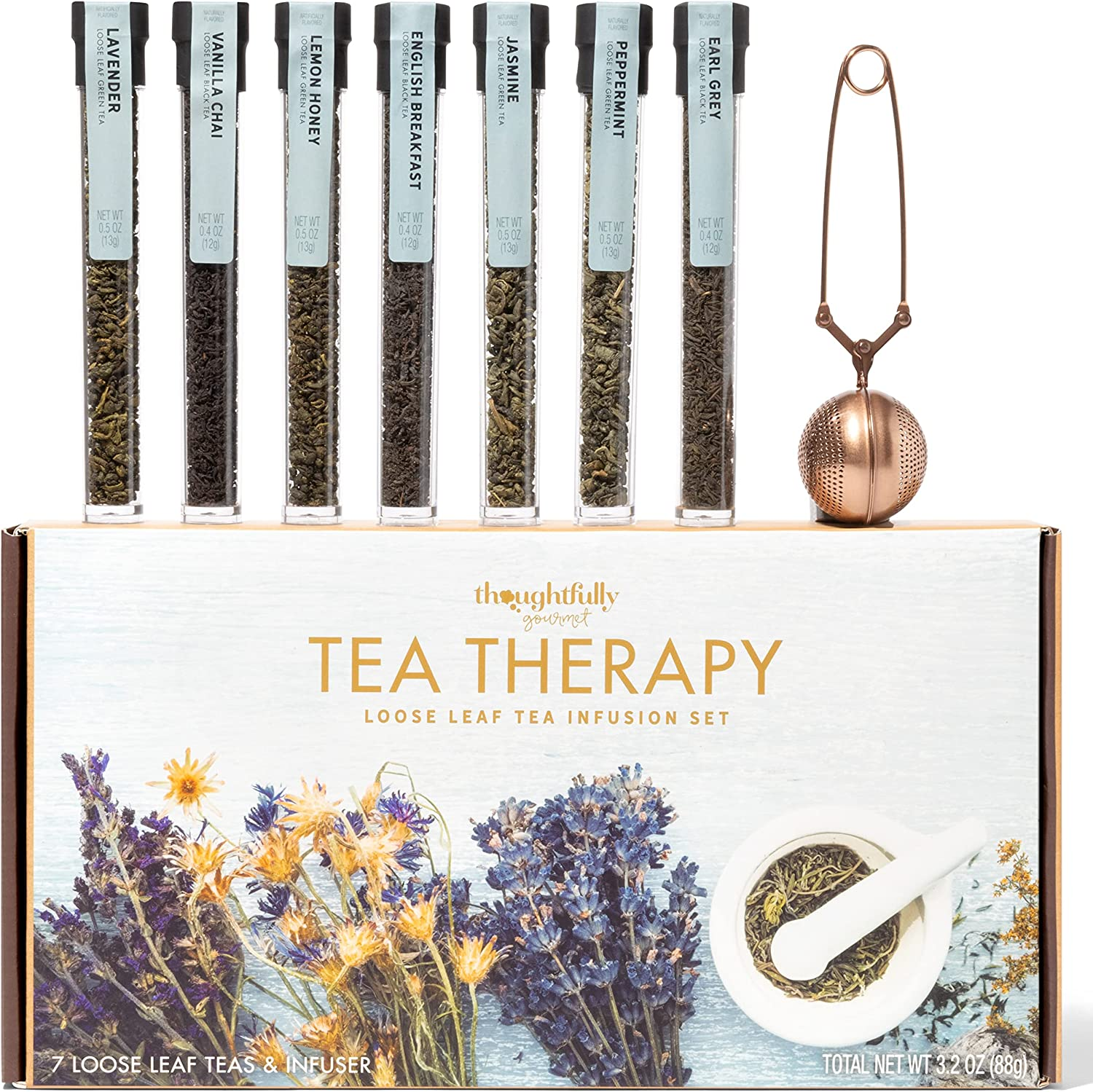 Thoughtfully Gourmet, Tea Therapy Tea Infusion Gift Set, Includes 7 Uniquely Flavoured Loose Leaf Teas and Tea Infuser, Pack of 7 image number 1
