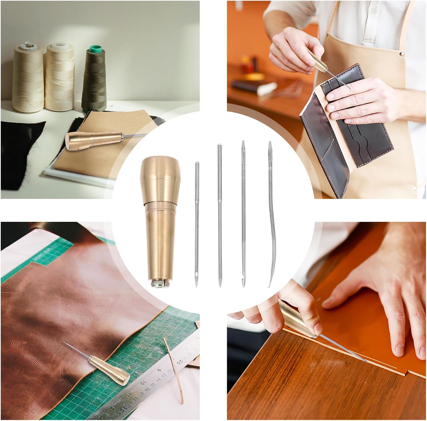 TEHAUX Sewing Awl Kit, Leather Sewing Awl Needle with Copper Handle, Craft Needle Hand Stitcher Tool, Sewing Awl Hand Stitcher Shoe Repair Tool Kit for DIY Sewing Repairing Canvas Leather image number 4