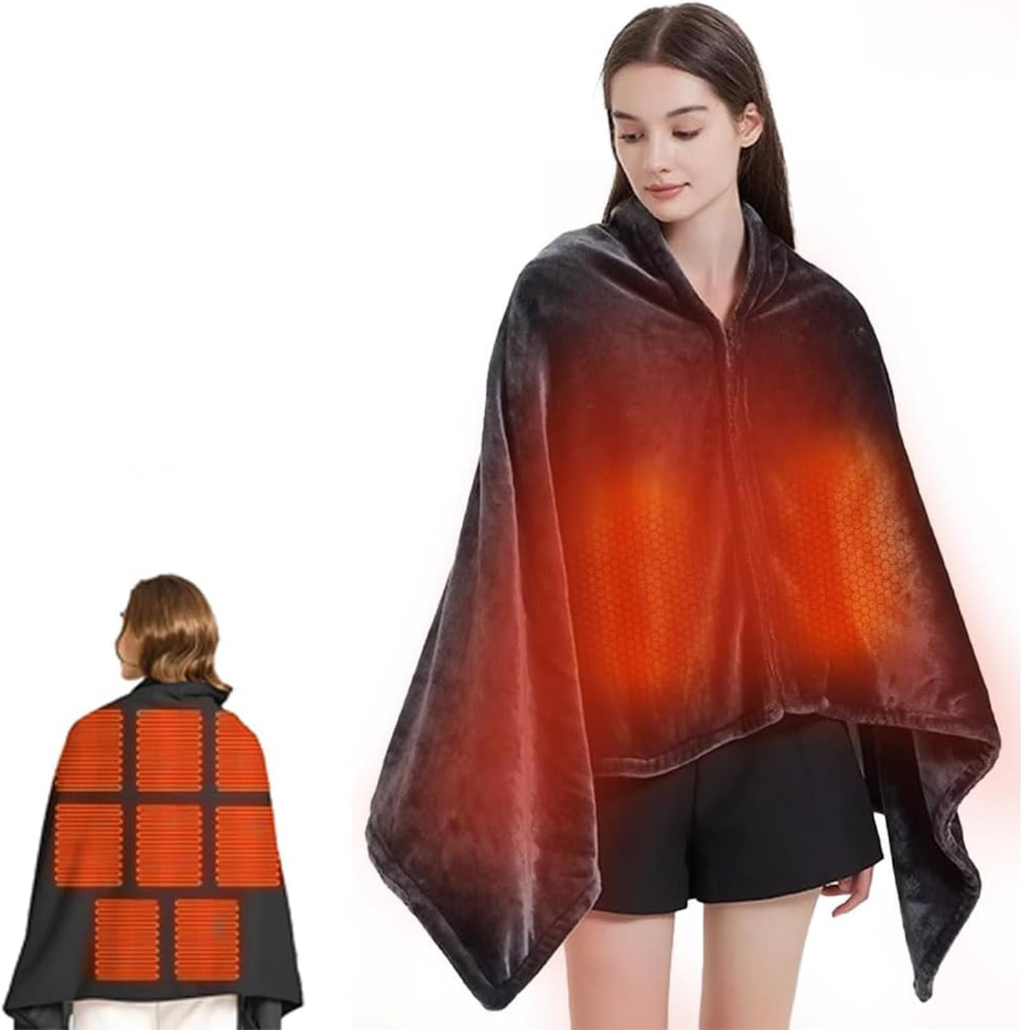 Quintin Portable USB Heated Blanket Shawl - Wearable Cordless Electric Heated Blanket for Outdoors 3 Heating Levels, USB Operated Camping Heated Blanket (Grey) image number 5