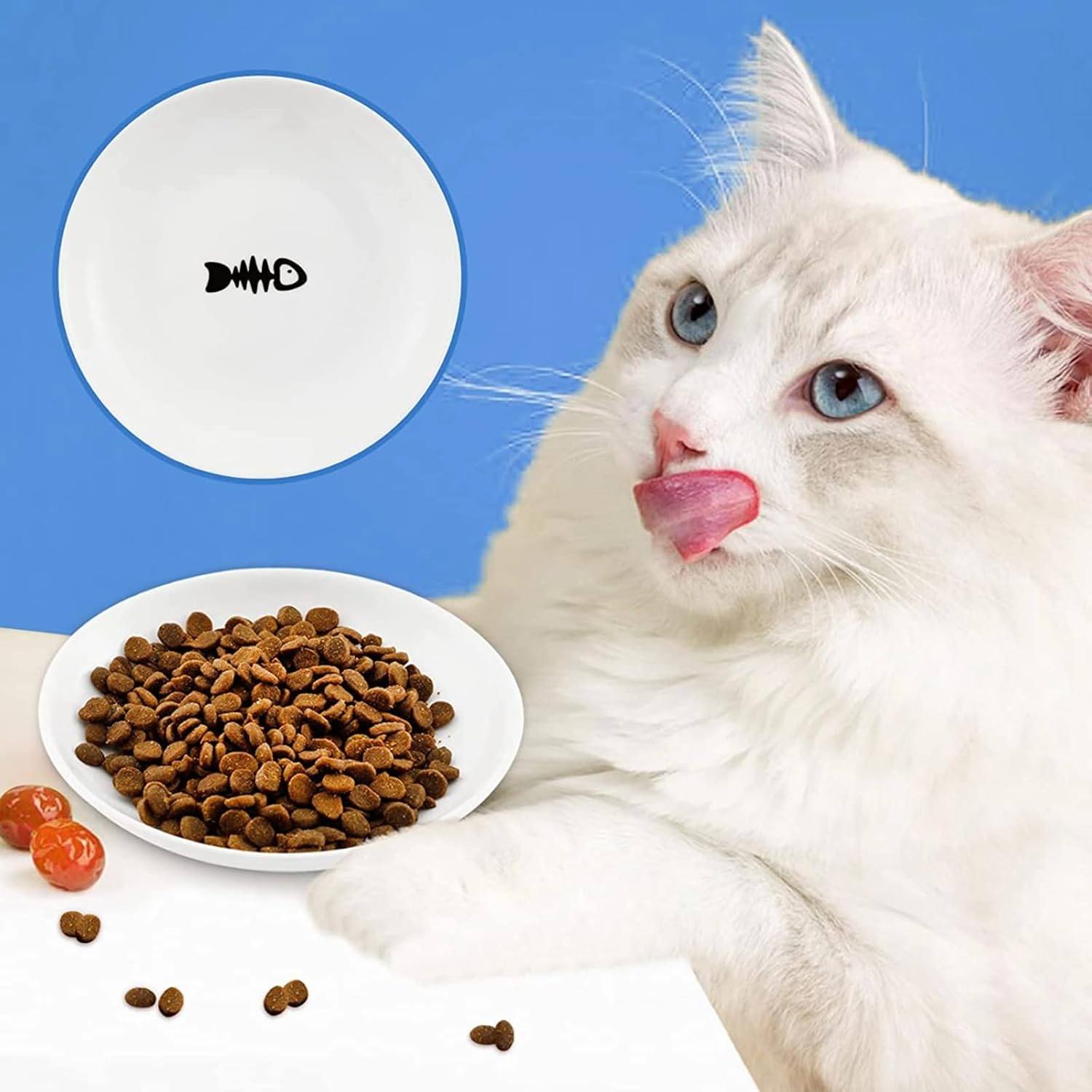 2 Pcs Cat Bowls, Wide & Shallow Cat Plates for Whiskey Fatigue Relief, 15Cm/6&rsquo;' Ceramic Cat Feeding Dishes Cute Fish Bone Design, Wet & Dry Food Feeding Bowls for Kittens, Cats, Puppies