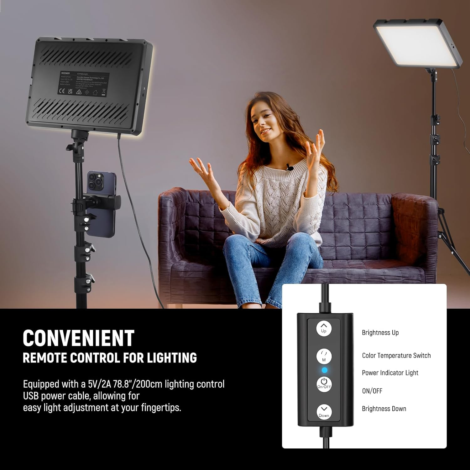 NEEWER Basics 3 Pack LED Video Panel Light, Studio Lighting Kit with Tripod Stand & Phone Holder for Video Recording Photography Streaming, 850Lx/0.5M Bi Color 2700-6500K Dimmable Key Light, BP300 image number 4