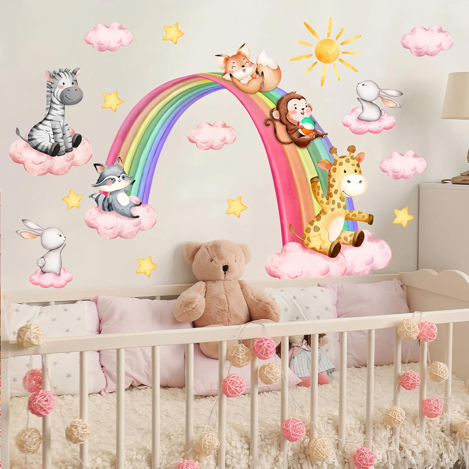 Large Rainbow Wall Stickers Jungle Animals Wall Decals, Kids Baby Girl Sun Cloud Wall Stickers for Bedroom Living Room Classroom Decor Colorful image number 2