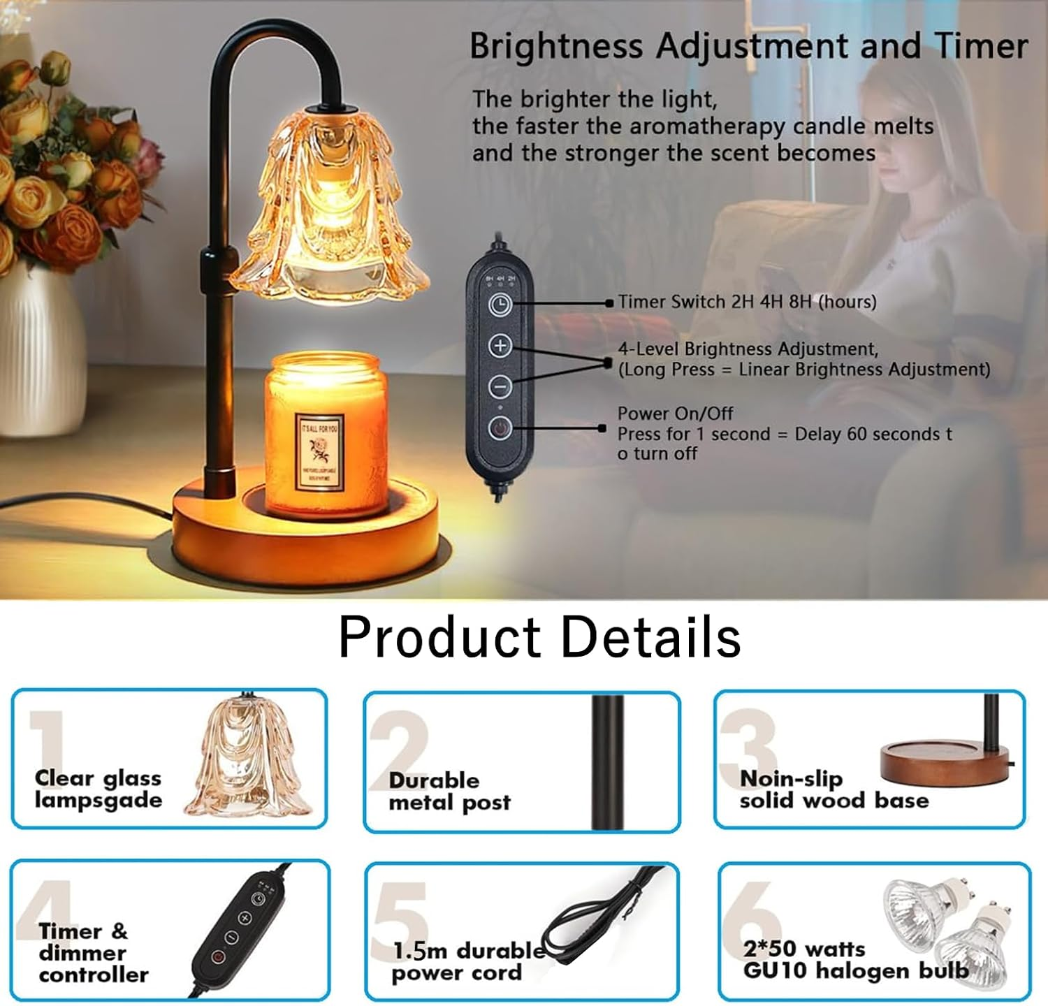 Candle Warmer Lamp with 2 Bulbs,Dimmable Candle Lamp with Timer,Adjustable Height Home Bedroom Decor Wax Melt Warmer for Scented Wax,Jar Candles,Melting Candle Warming Lamps for All Jar Candles
