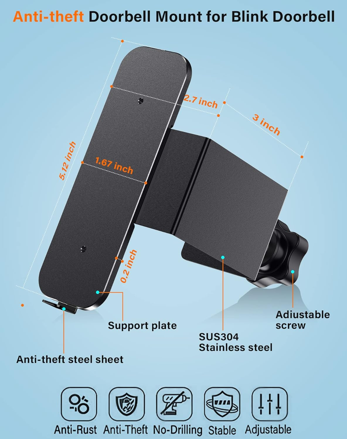 Anti-Theft Blink Video Doorbell Door Mount, No Drilling Stainless & Aluminum Video Camera Doorbell Mount for Apartment Renters Home Office Room - Doorbell Not Included (Black) image number 3