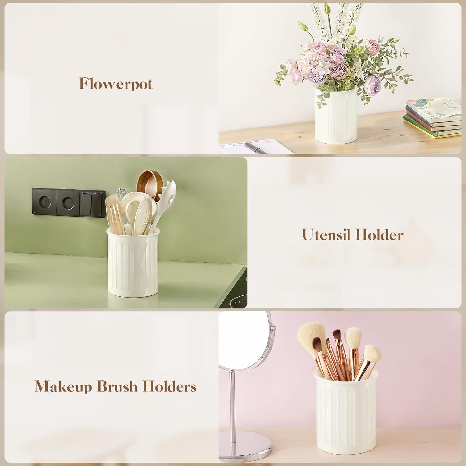 Ceramic Cutlery Holder for Kitchen, Utensil Holder Ceramic, Relief Utensil Pot, Worktop Storage, Cutlery Holder, for Kitchen Counter Storage, Glossy Glaze, White, 5.3 X 4.3 Inches image number 4