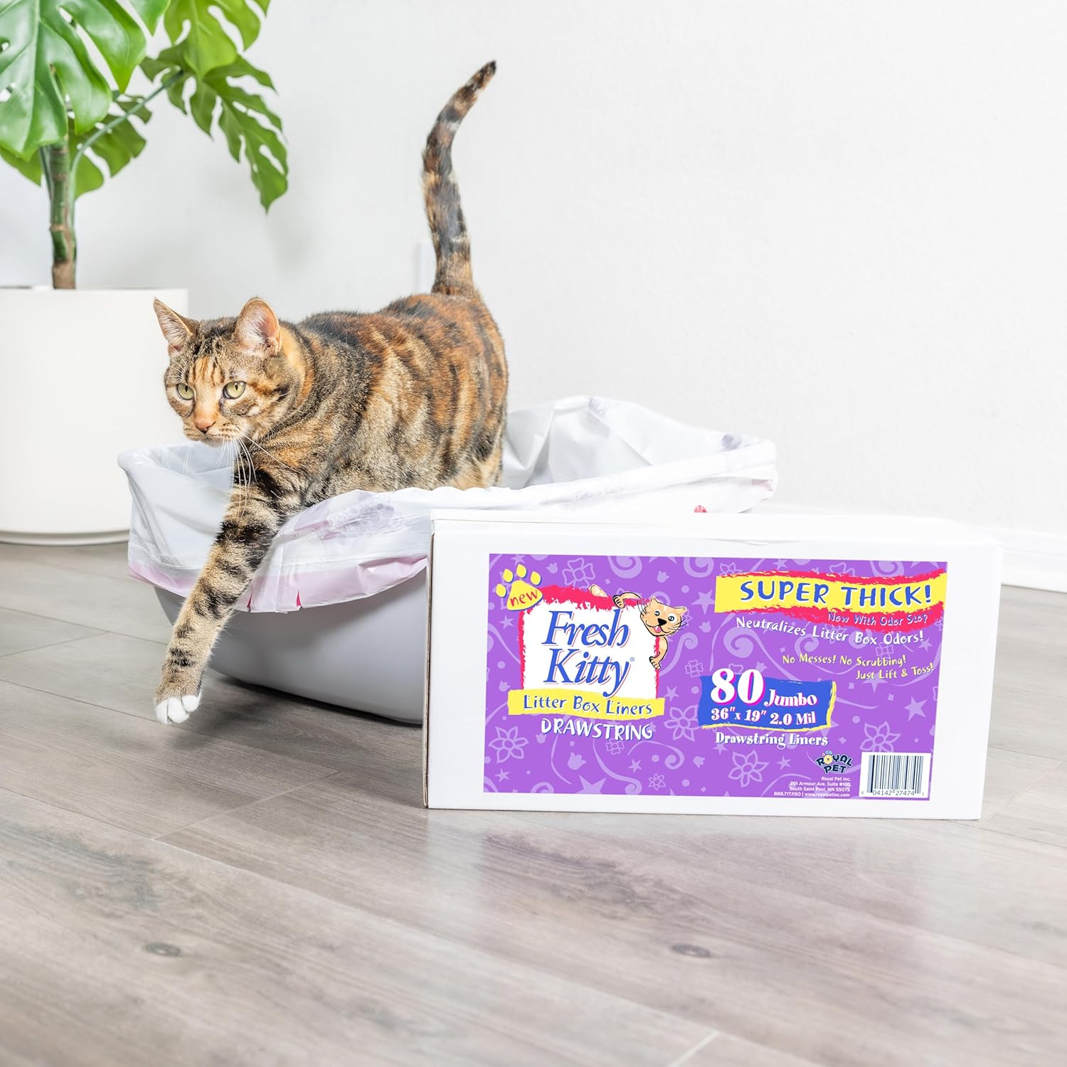 Fresh Kitty 80 Count Litter Box Liners Super Thick, Durable, Easy Clean up Jumbo Drawstring Scented Litter Pan Liners, Bags for Pet Cats image number 5