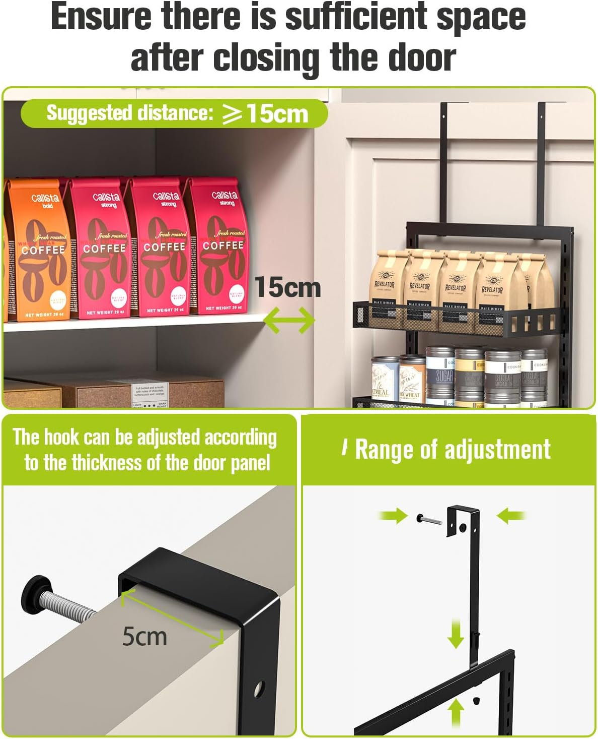 TOPWE over the Door Organizer, 8 Tiers Metal Hanging Door Storage, Adjustable Pantry Storage Organizer with Hook for Each Layer, Wall Mounted Pantry Organizers and Kitchen Door Spice Rack, Black - Black image number 4