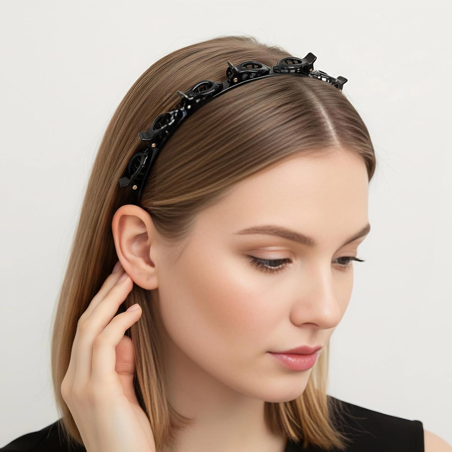 WATUNID Set of 2 Headband with Clips, 8 Pieces Colour Hair Pins, Headband Girls with Clips, Double Layer Hairstyle Aid for Girls Women, Hair Holder, Hair Accessories, Hair Band (Black and Red) image number 3