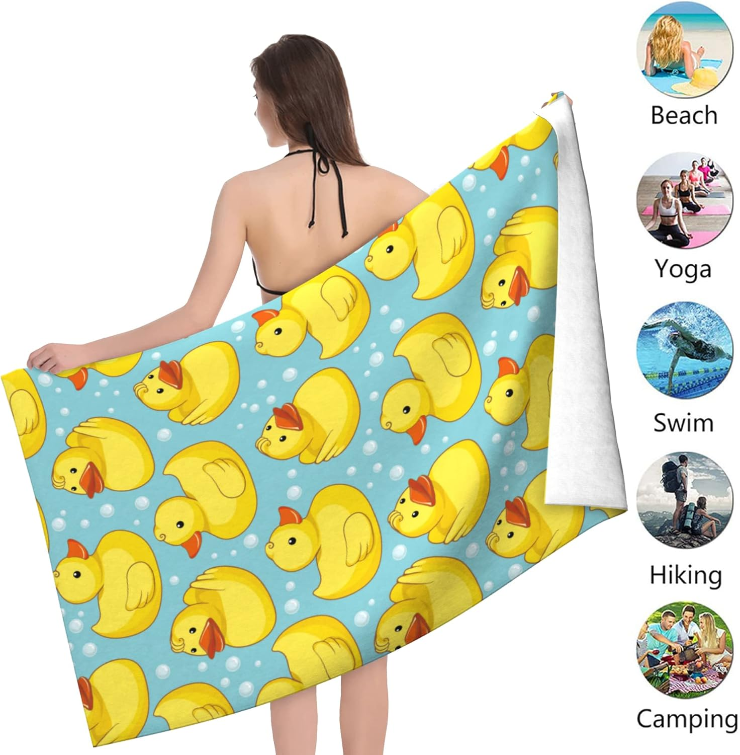 HUIANBPO Cute Cartoon Rubber Ducky Print Microfiber Beach Towel 32X52Inch,Large Bath Towels for Kids and Adults - Quick Dry Absorbent Sand Free Towel for Bathroom,Pool,Shower,Travel,Sport image number 3