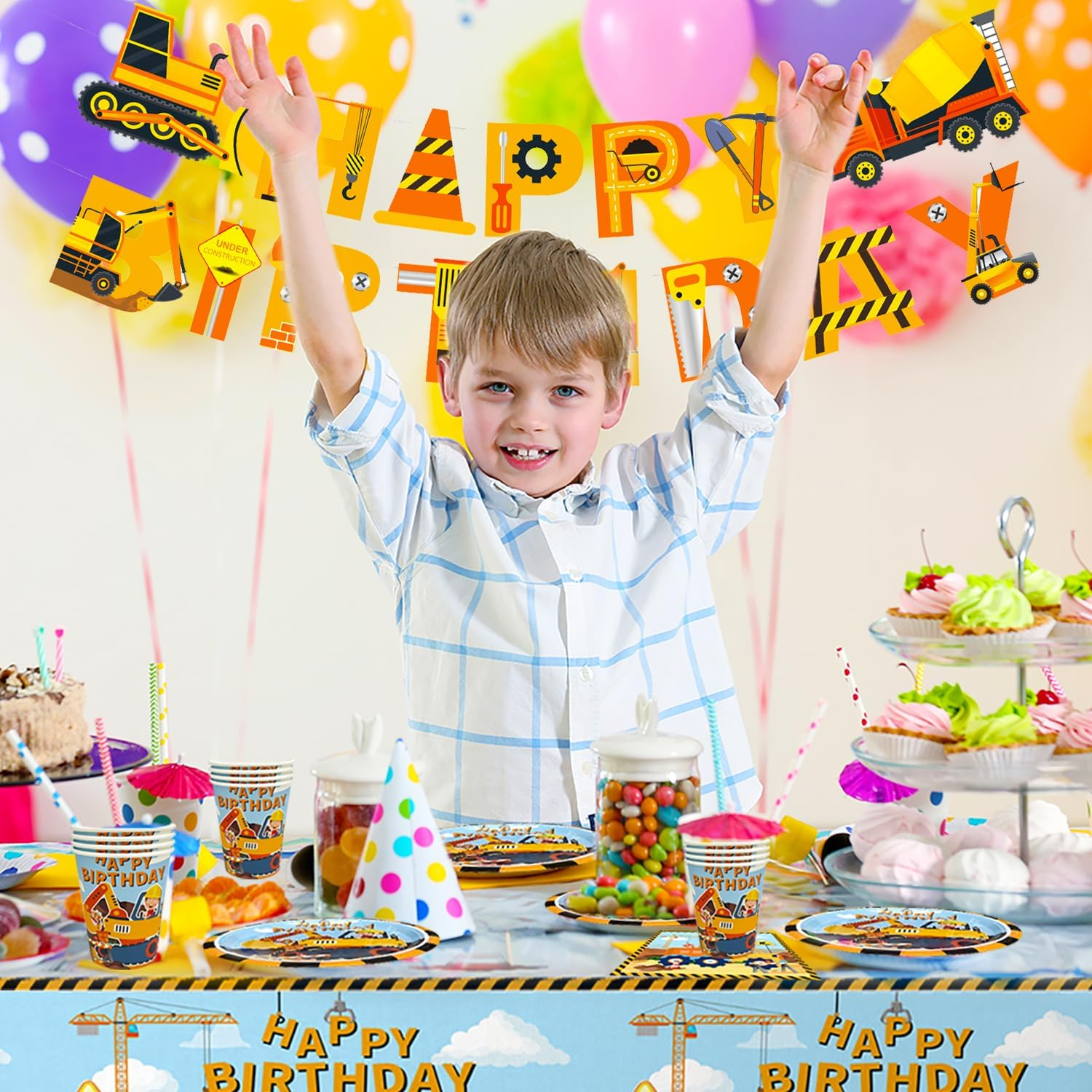 80Pcs Construction Party Supplies Tableware Set-Construction Birthday Party Plates Cups Napkins Tablecloth Banner Etc Construction Party Tableware for Dump Truck Excavator Construction Theme Party