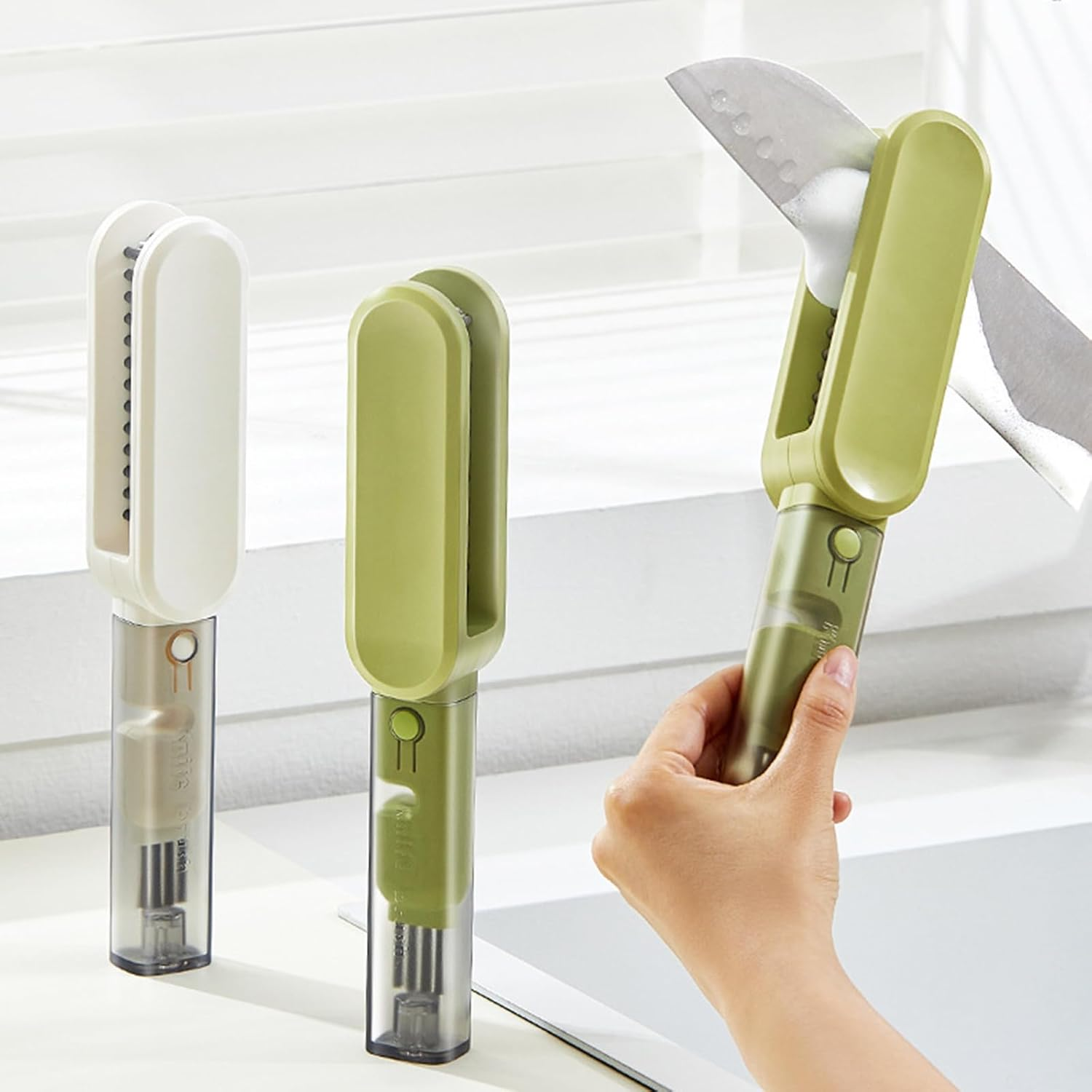 Knife Cleaner 4In1 Knife Brush with Knife Sharpener, Crevice Brush, Bristle Scrub, Meat Mincer Blade Cleaner, Kitchen Cutlery Washing, Space-Saving Storage, Green image number 5