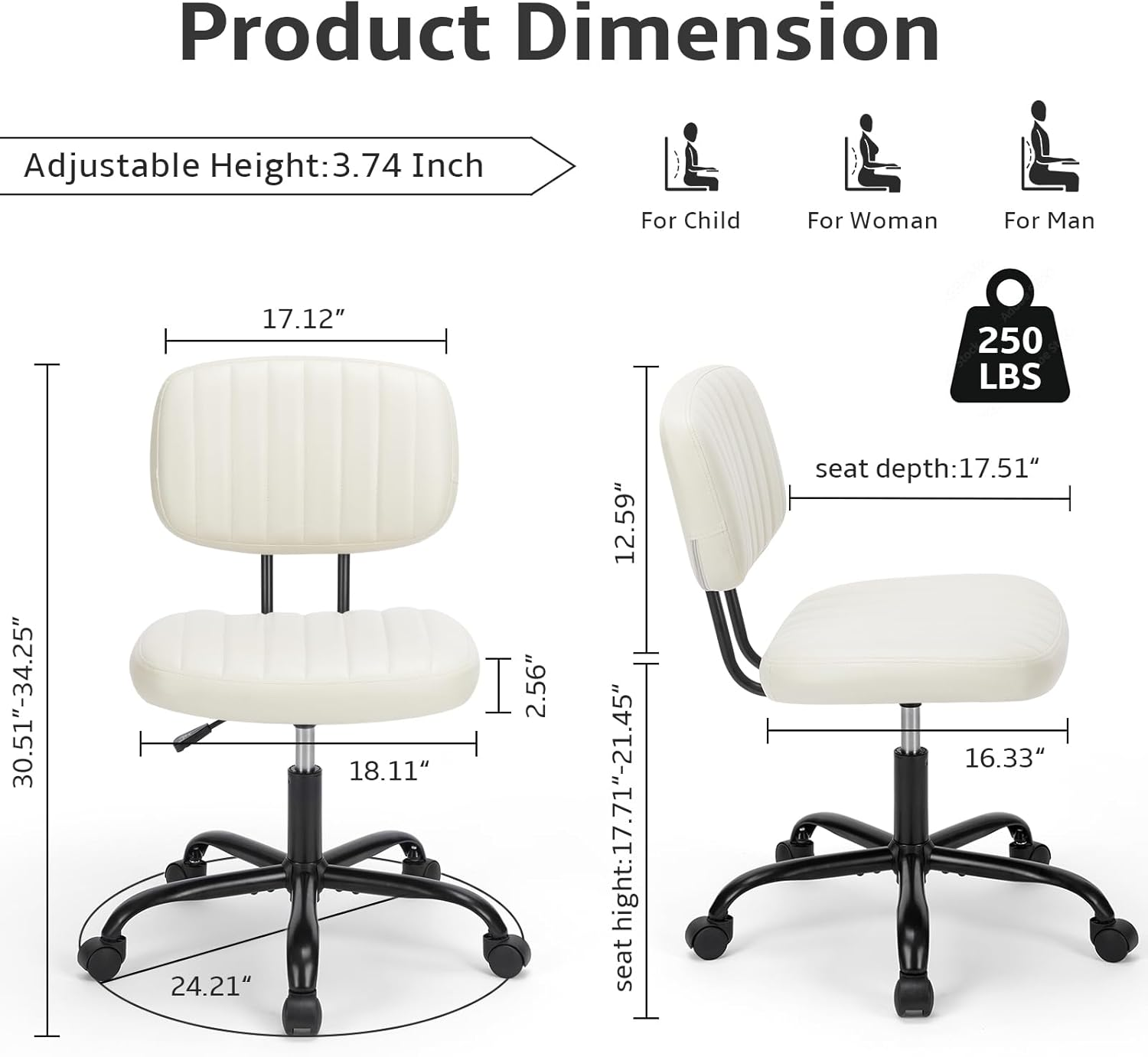 DUMOS Armless Home Office Chair Ergonomic Desk with Comfy Low Back Lumbar Support, Height Adjustable PU Leather Computer Task with 360&deg; Swivel Wheels, for Small Space, Kids and Adults, Beige White image number 5