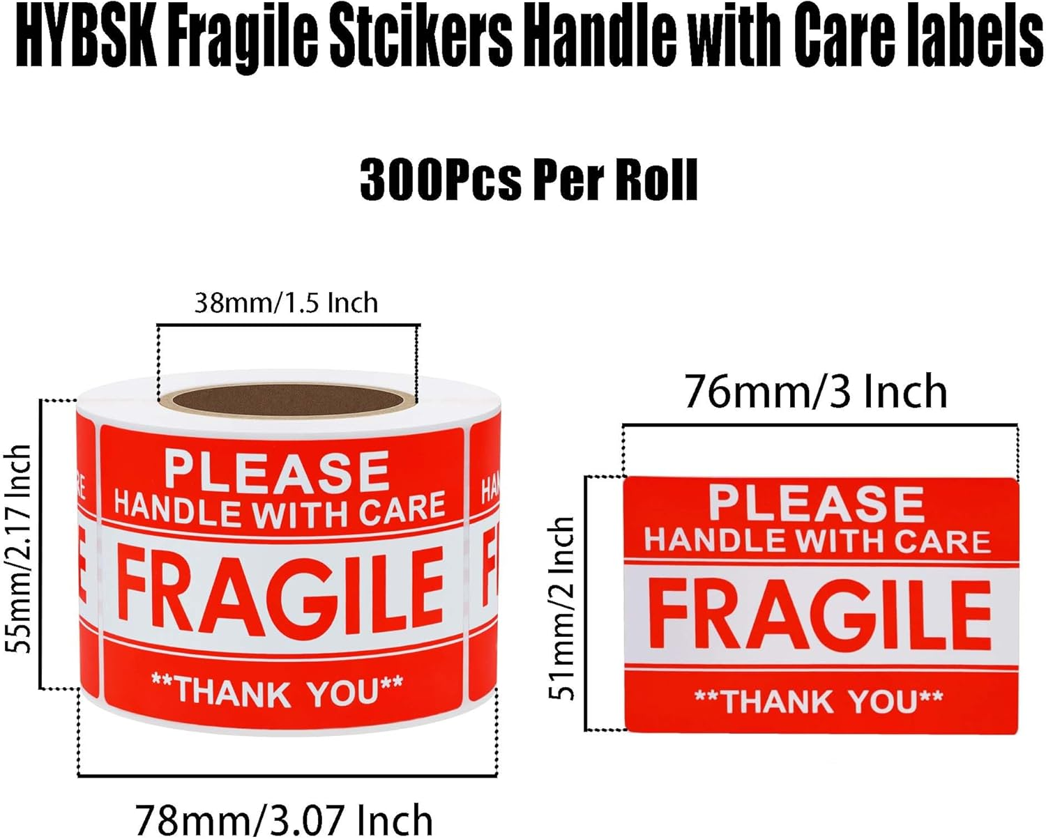 Hybsk Fragile Stickers Handle with Care Warning Packing Shipping Label for Corrugated Cartons, Plastic Drums, 300 Labels per Roll,Permanent Adhesive (2X3 Inch) image number 2