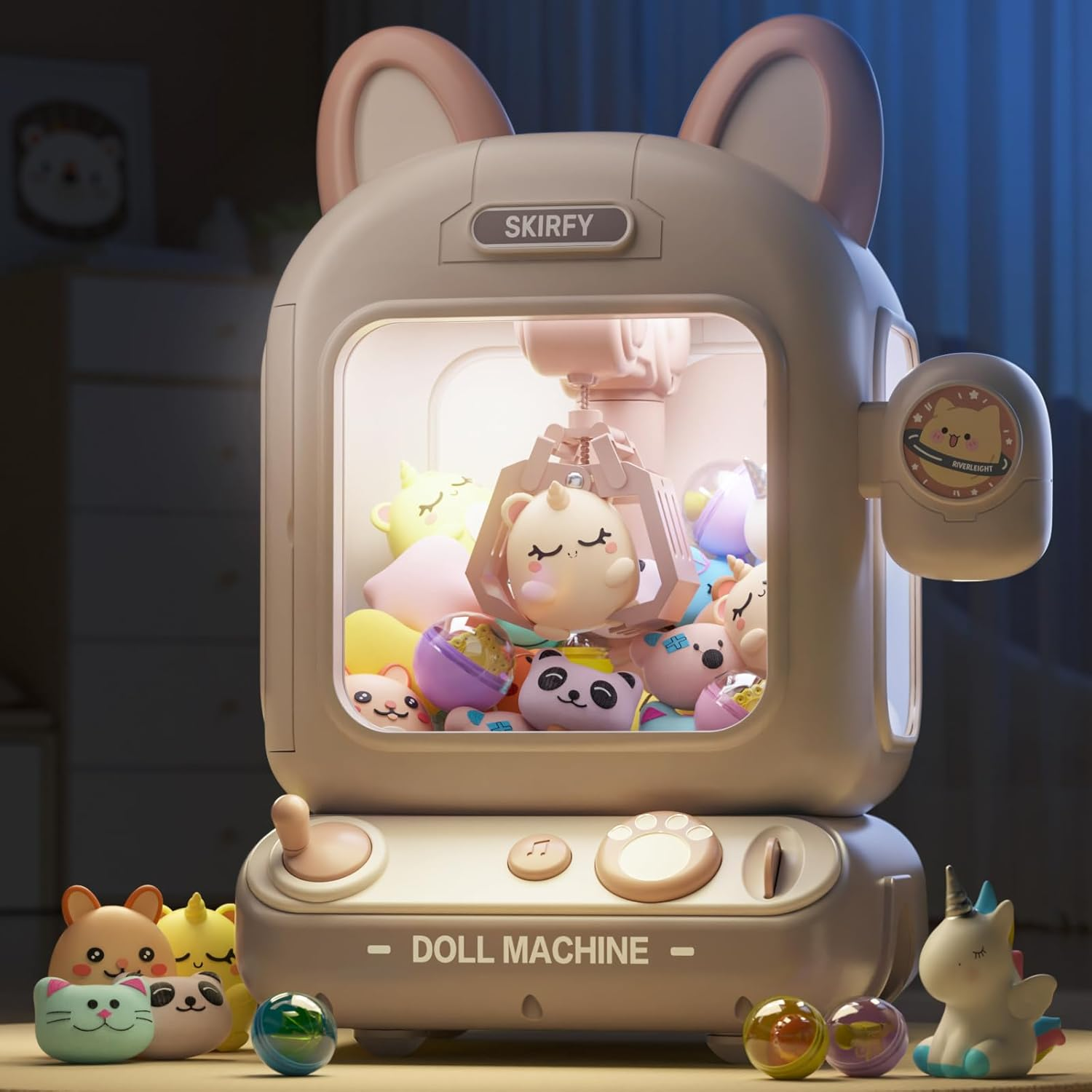 Skirfy Claw Machine for Kids,Mini Vending Machine, Prize Dispenser Toys for Girls and Boys, Electronic Arcade Game for Party Birthdays Includes 32 Mini Toys(Brown)