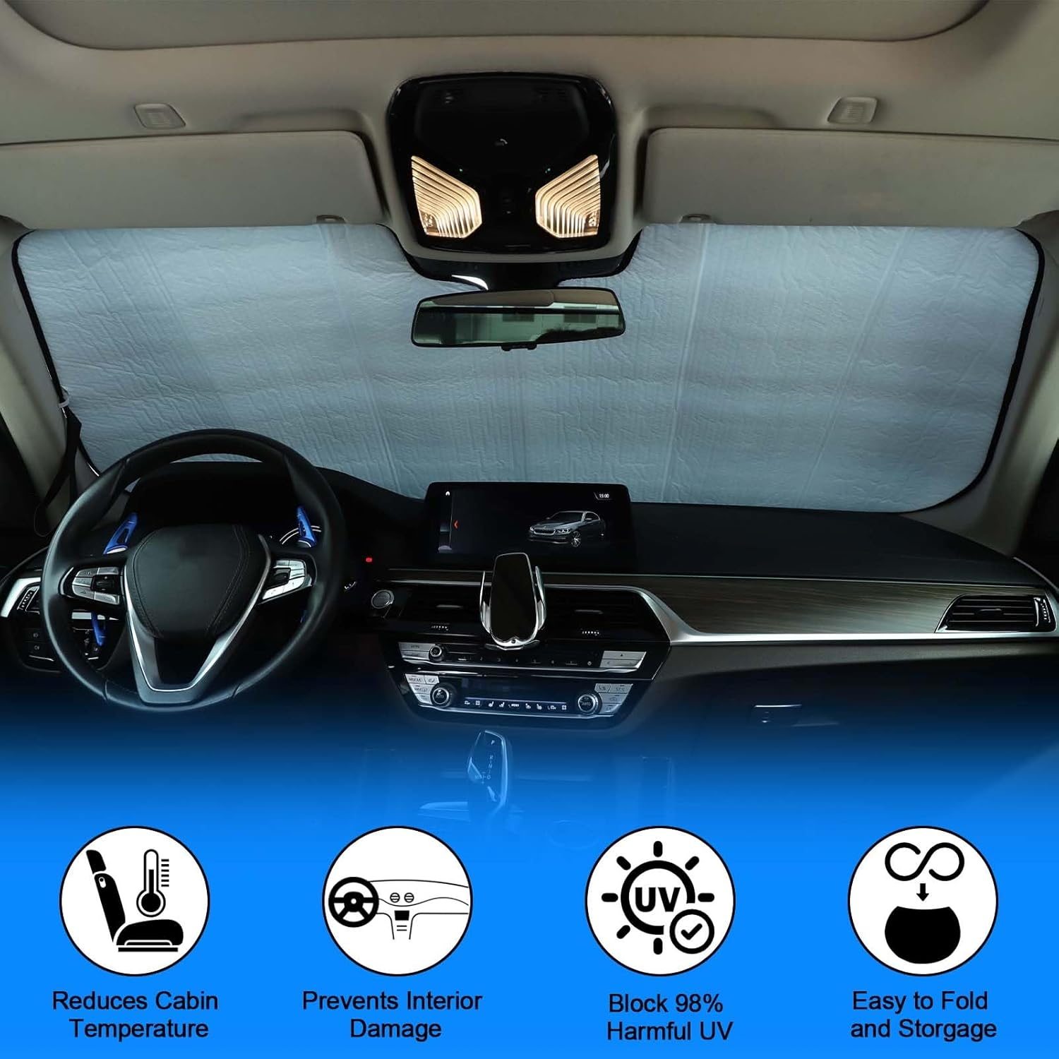 Windscreen Sun Shade Compatible with BMW 5 Series Accessories | Reflective Windshield Cover Window Shade | UV & Heat Blocking Cover (Aluminum Foil, 2018-2023) image number 5