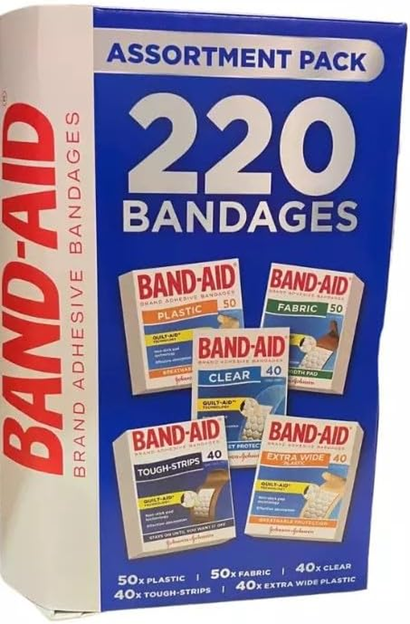 Band-Aid Assortment Pack, 220 Bandages, Mixed Varieties, Plastic, Fabric, Clear and Extra Wide image number 1