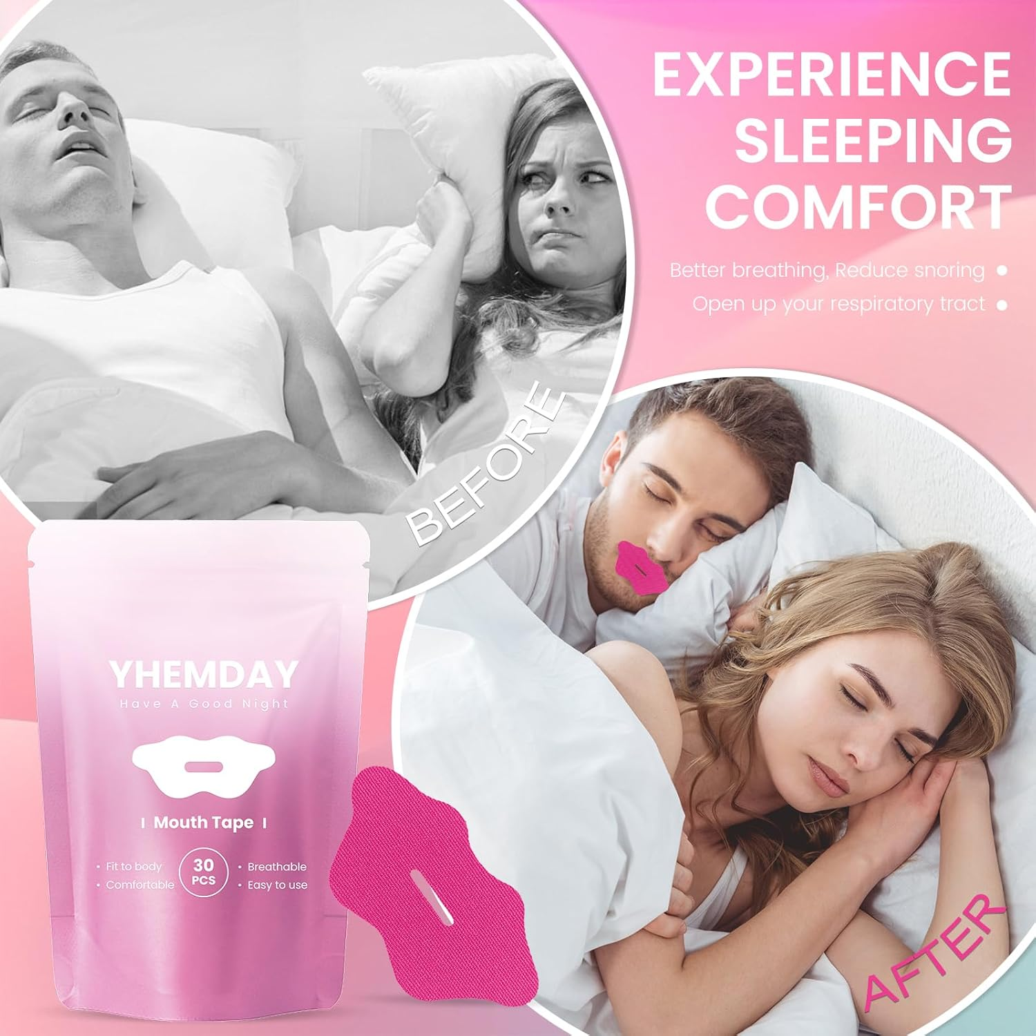 Breathable Mouth Tape for Sleeping - Hypoallergenic & Comfortable Anti-Snoring Device, Promotes Nasal Breathing, All-Night Hold (Rose, 60 Pcs) image number 1