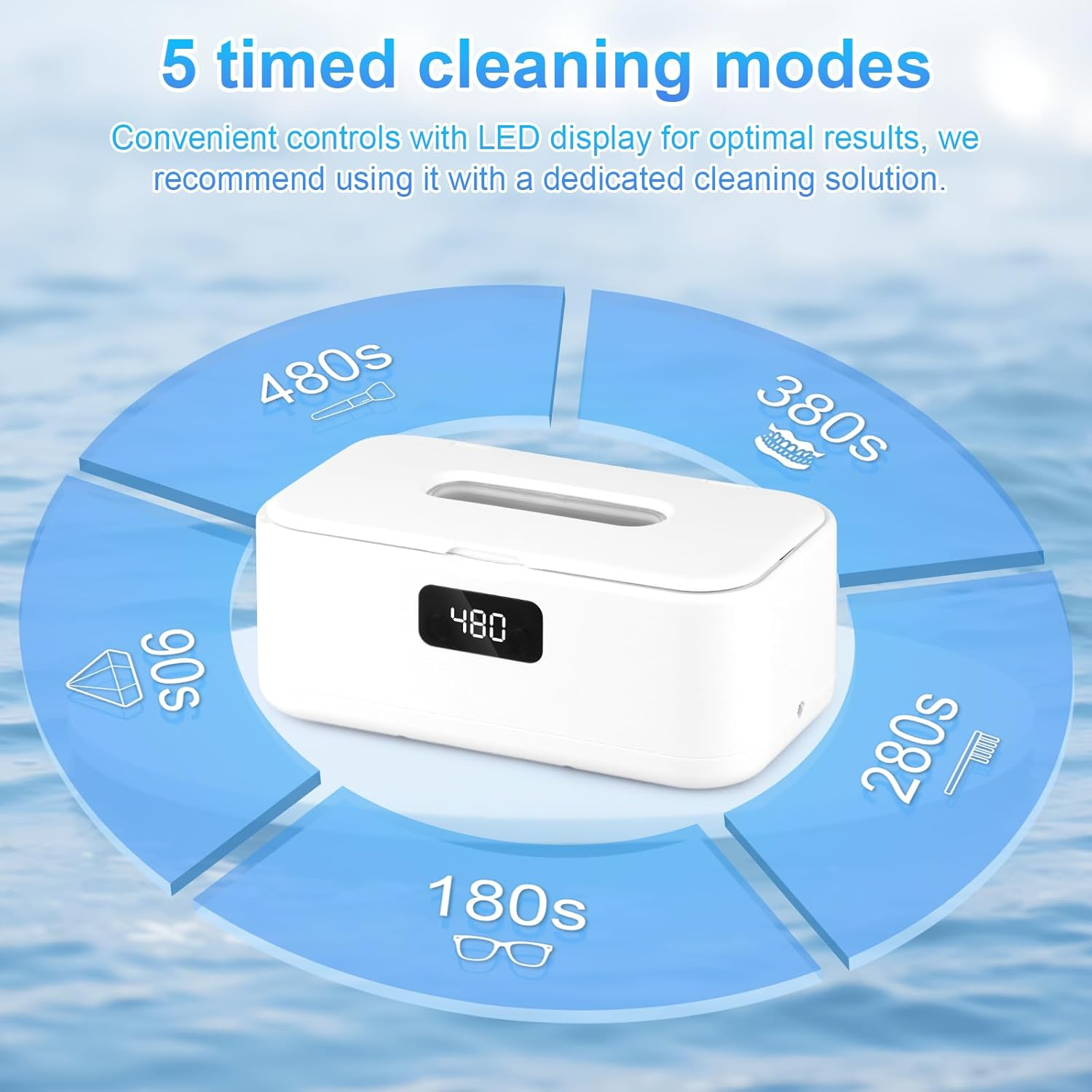 800 Ml Ultrasonic Cleaning Device, 49000Hz U-V Ultrasonic Cleaner with 5 Timer Modes - Glasses Cleaning Device for Deep Cleaning of Jewellery, Glasses, Braces, Prostheses, Coins and Razor Heads-1 image number 2