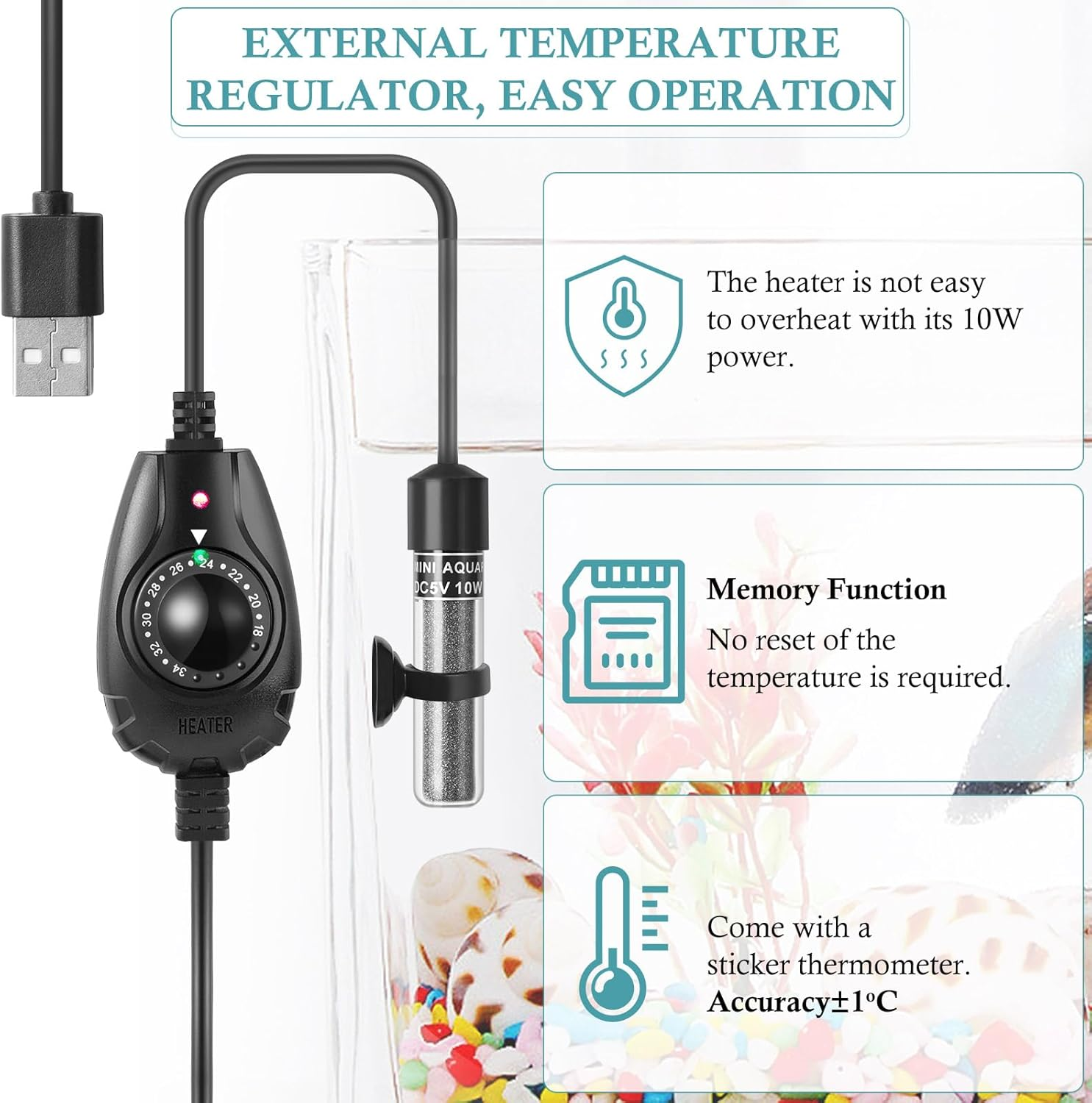 PYPABL 10W Super Mini USB Aquarium Heater, Small Adjustable Heater for Small Fish Tank 1-10L, with External Controller, Betta Heater for Fish Bowls image number 4