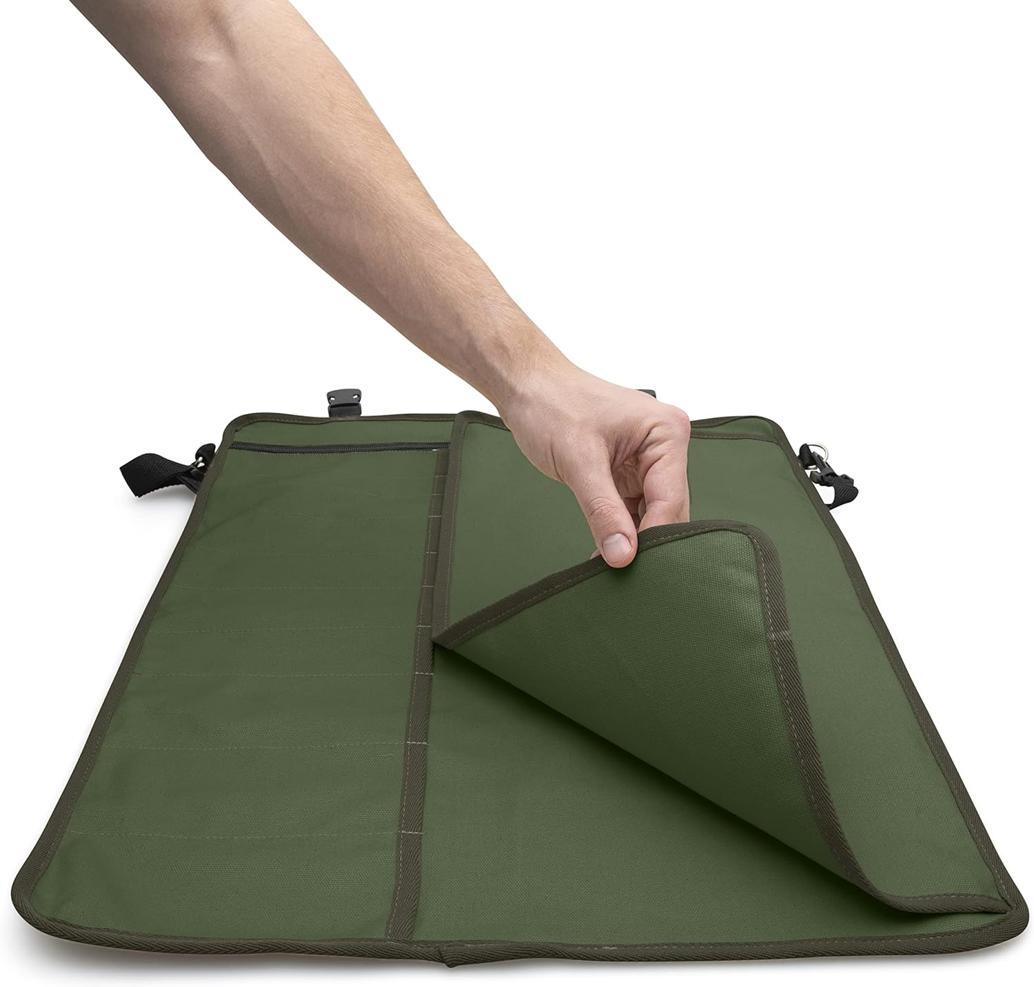 Chefs Knife Roll Bag with 11 Slots, Heavy Duty 16OZ Waxed Canvas Knives Case for Camping, Waterproof Storage Tool Wrap for Equipment of Chef, Comes with Shoulder Strap, Green, Chefs Knife - Green image number 5