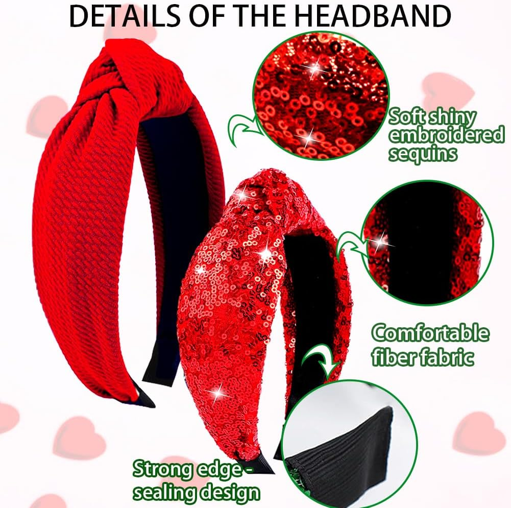 RUPOFUZA 2Pcs Valentine&rsquo;S Day Headbands for Women Red Valentines Top Knot Embellished Headband Knotted Hairband Red Hair Hoops for Women Girls Valentine Party Gifts Hair Accessories image number 1