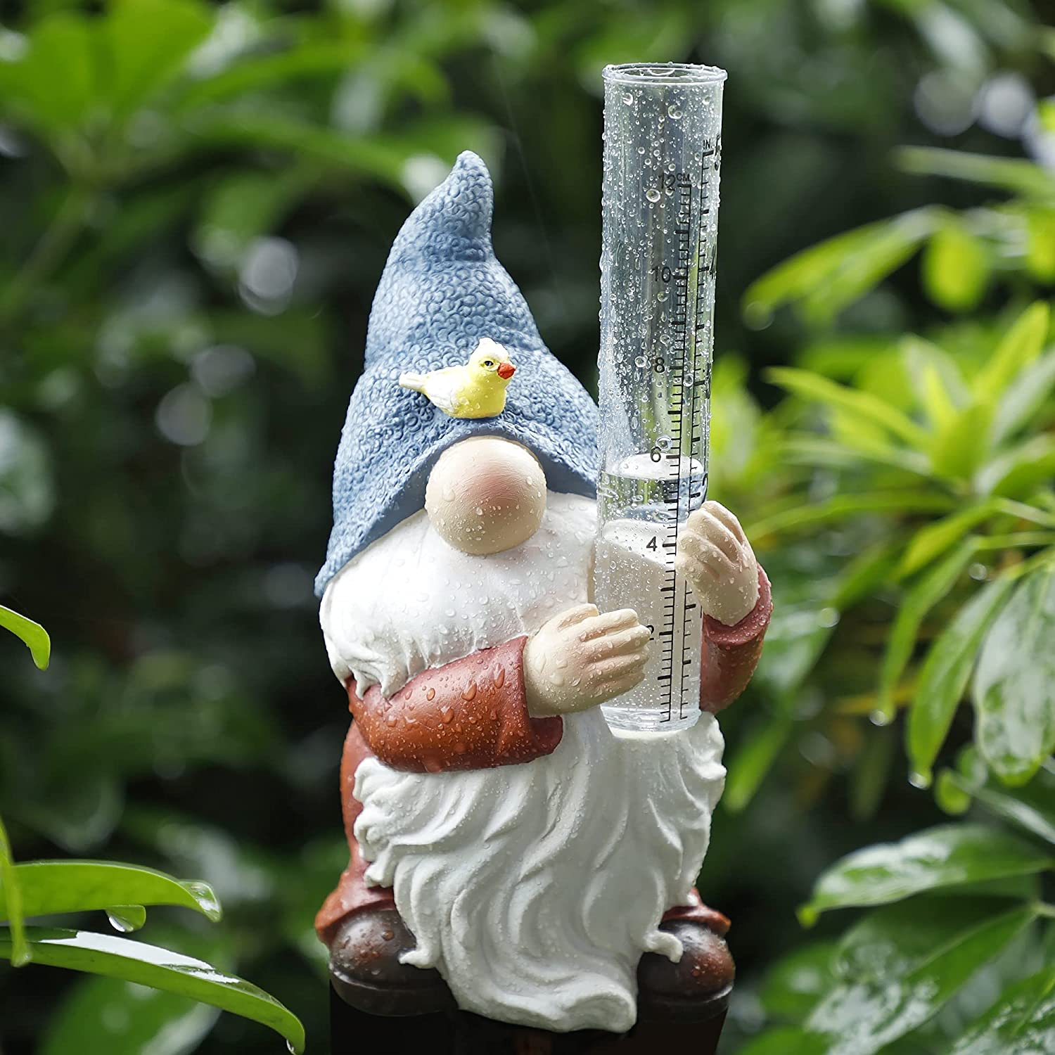 FORUP Resin Gnome Statue with Rain Gauge, Hand Painted Gnome Sculpture for Garden