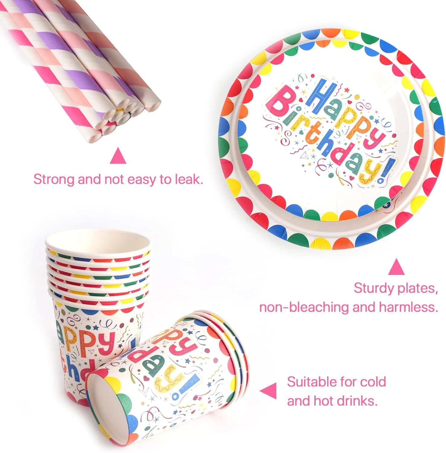 121 PCS Rainbow Happy Birthday Party Tableware Set with Paper Plates Cups Straws Napkins Tablecloth Rainbow Birthday Party Supplies Decorations for 20 Guests image number 4