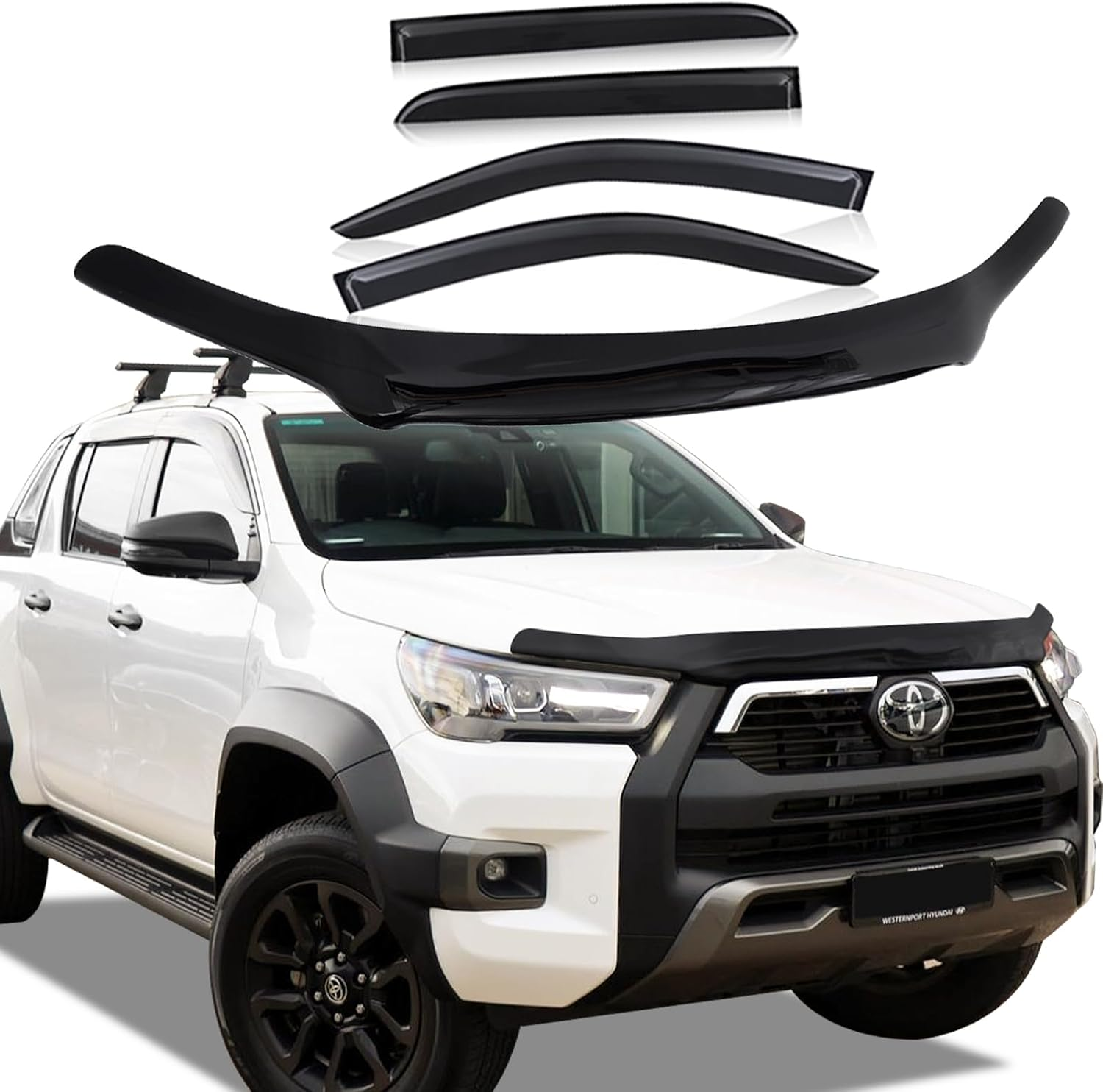 SUERAUTO4X4 Bonnet Protector Weather Shields for Toyota Hilux Accessories 2021-2025 N80 Facelift, Tinted Black Bonnet Stone Guard Wind Deflectors Weathershields Guard Window Visor, Ute Exterior