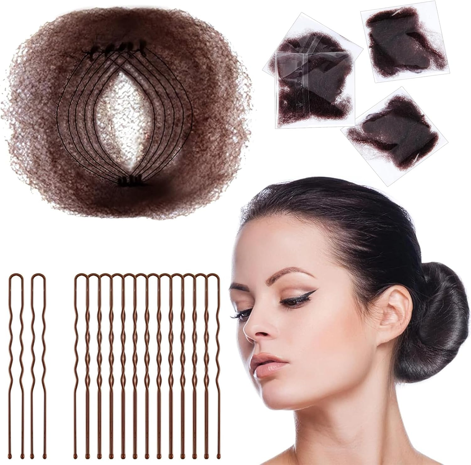Flutesan 90 Pcs Ballet Bun Net and U Shaped Pins Set for Women Girls, Elastic Brown Net for Dancer Bun Making image number 1