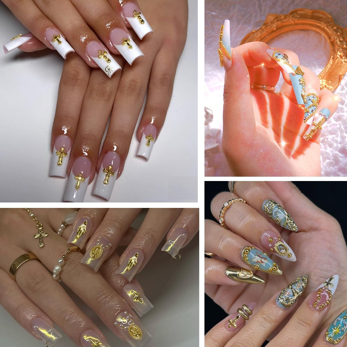 136Pcs 3D Nail Charms Rhinestones for Acrylic Nail Art Metal Nail Chains Gold Cross Heart Vintage Alloy Nail Rivet Studs Tip Punk Accessories Decoration Craft DIY image number 1