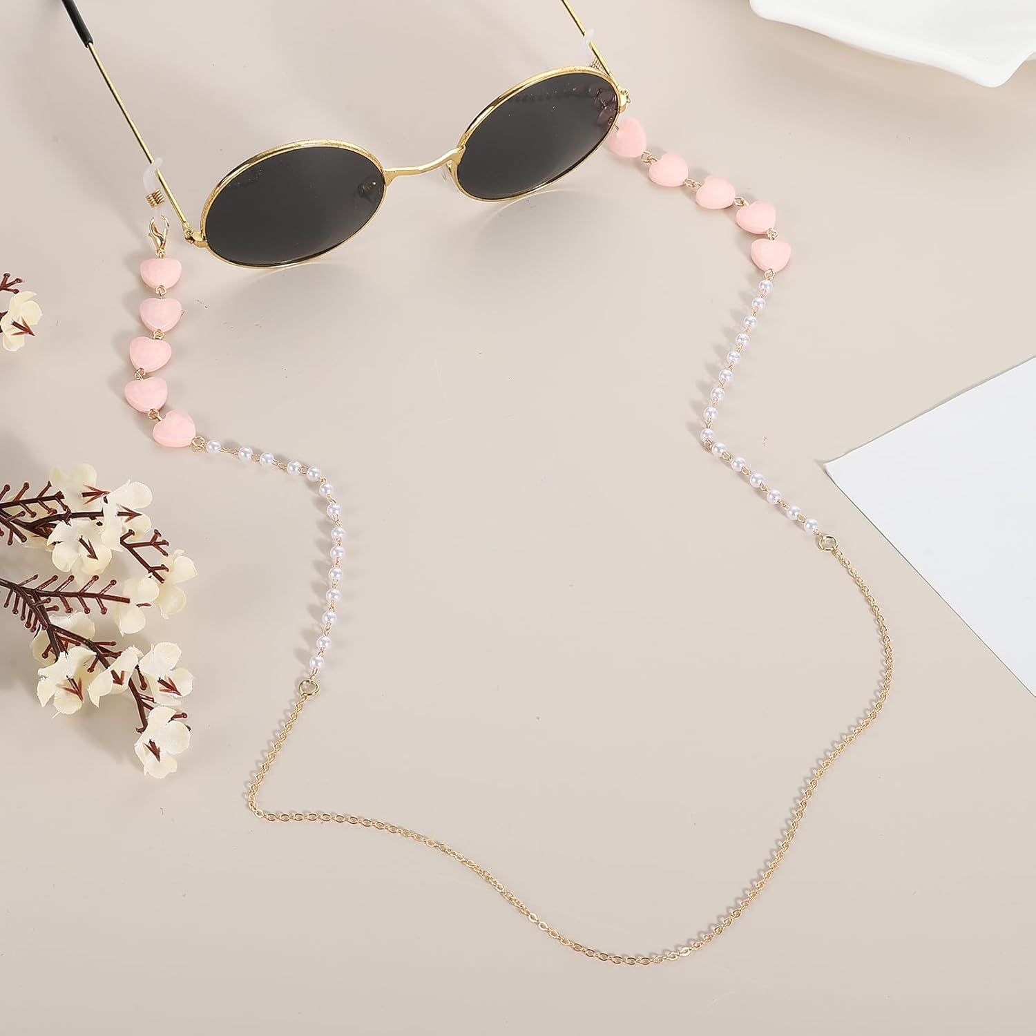 Uxcell Beads Eyeglass Chain, Pearl Glasses Strap Eyewear Retainer Chain around Neck Sunglass Holder for Girls Women, Pink Heart image number 3