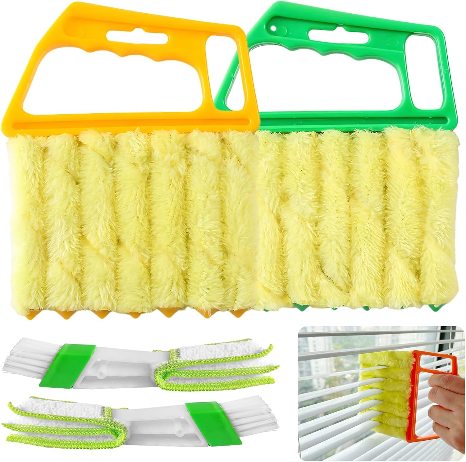 HAOHOMIO 4Pcs Blind Cleaner Duster Tool Set with 7-Finger & 3-Finger Brushes，Washable Multi-Surface Dusting Kit for Wood Blinds, Venetian Blinds, AC Vents, Car Vents, Shutters & Fans (Yellow+Green)
