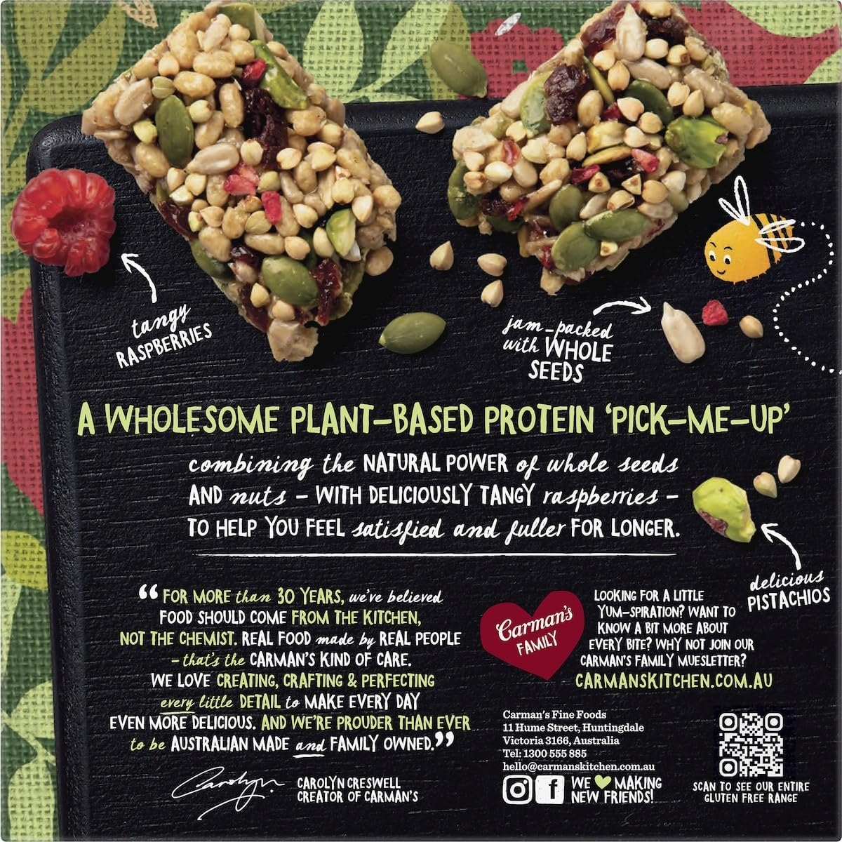 Carmans Raspberry and Pistachio Seed and Plant Protein Bar 150 G