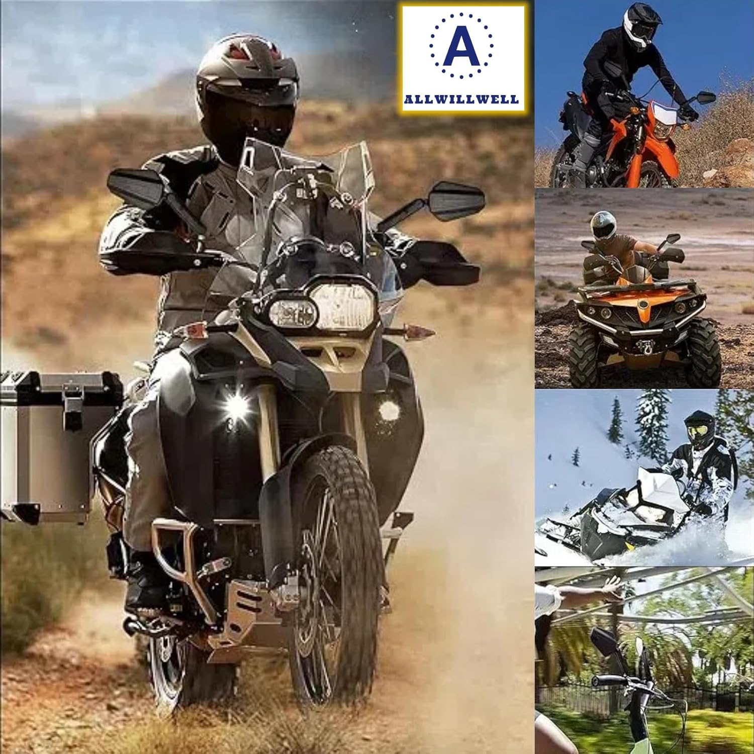 ALLWILLWELL Upgraded Heavy Duty Motorcycle Mirrors Large Lens Aluminum Bracket Shockproof Sturdy Suitable for ADV/ATV Models as Well as All Types of Motorcycles, Sports Cars and Bicycles. image number 1