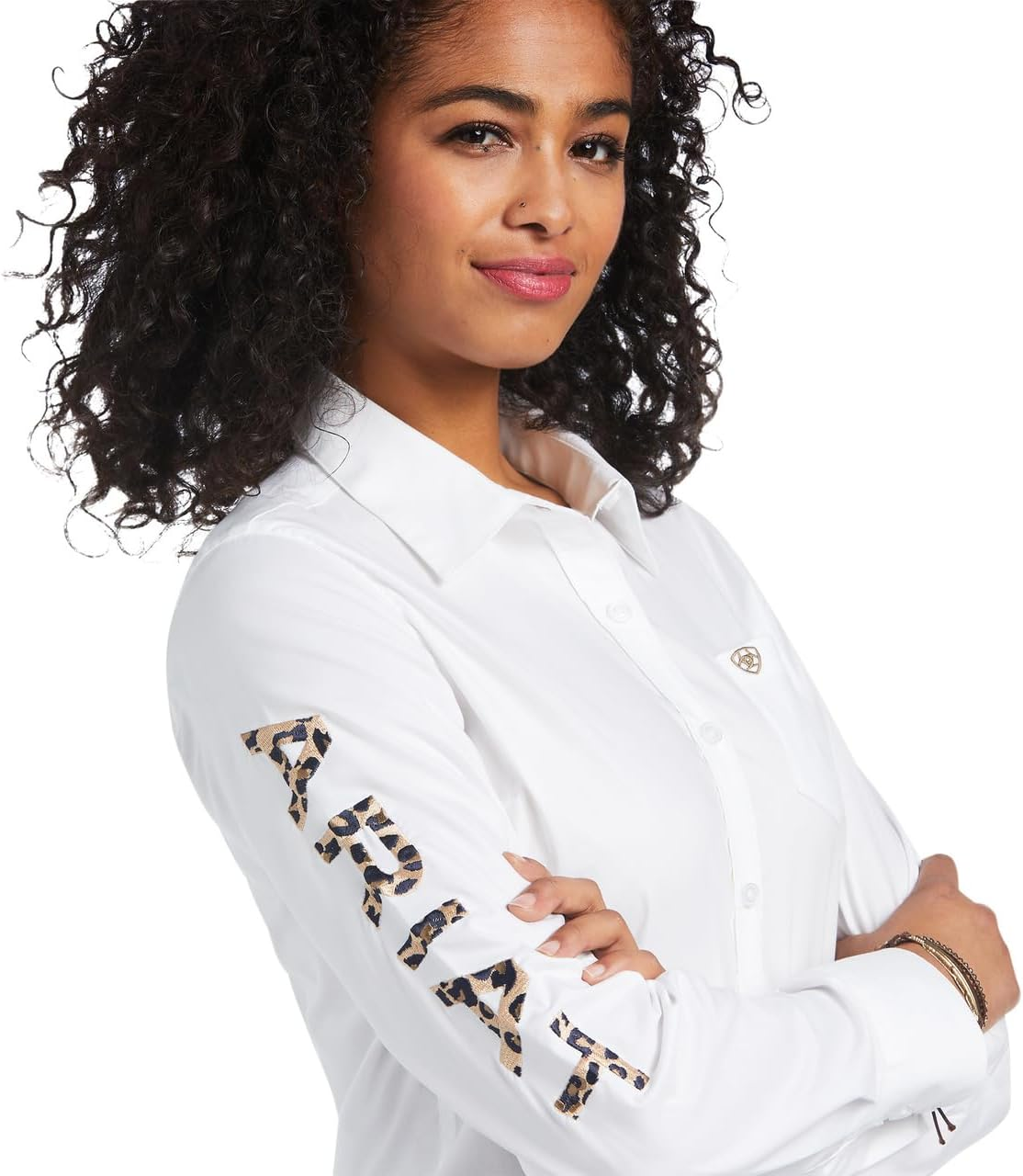 ARIAT Women'S WMS Team Kirby Str Ls Shrt Wht/Lprd Lg, White W/Leopard Logo