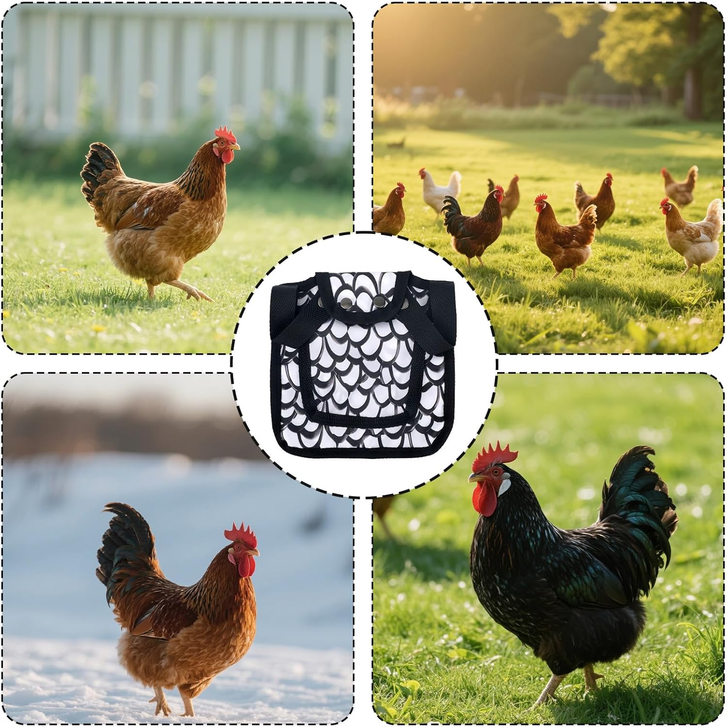 Chicken Saddle for Hens, 7.48 Inch Comfortable Hen Aprons with Adjustable Strap Chicken Back & Side Protector Outdoor Poultry Protective Accessories (Black and White) image number 3