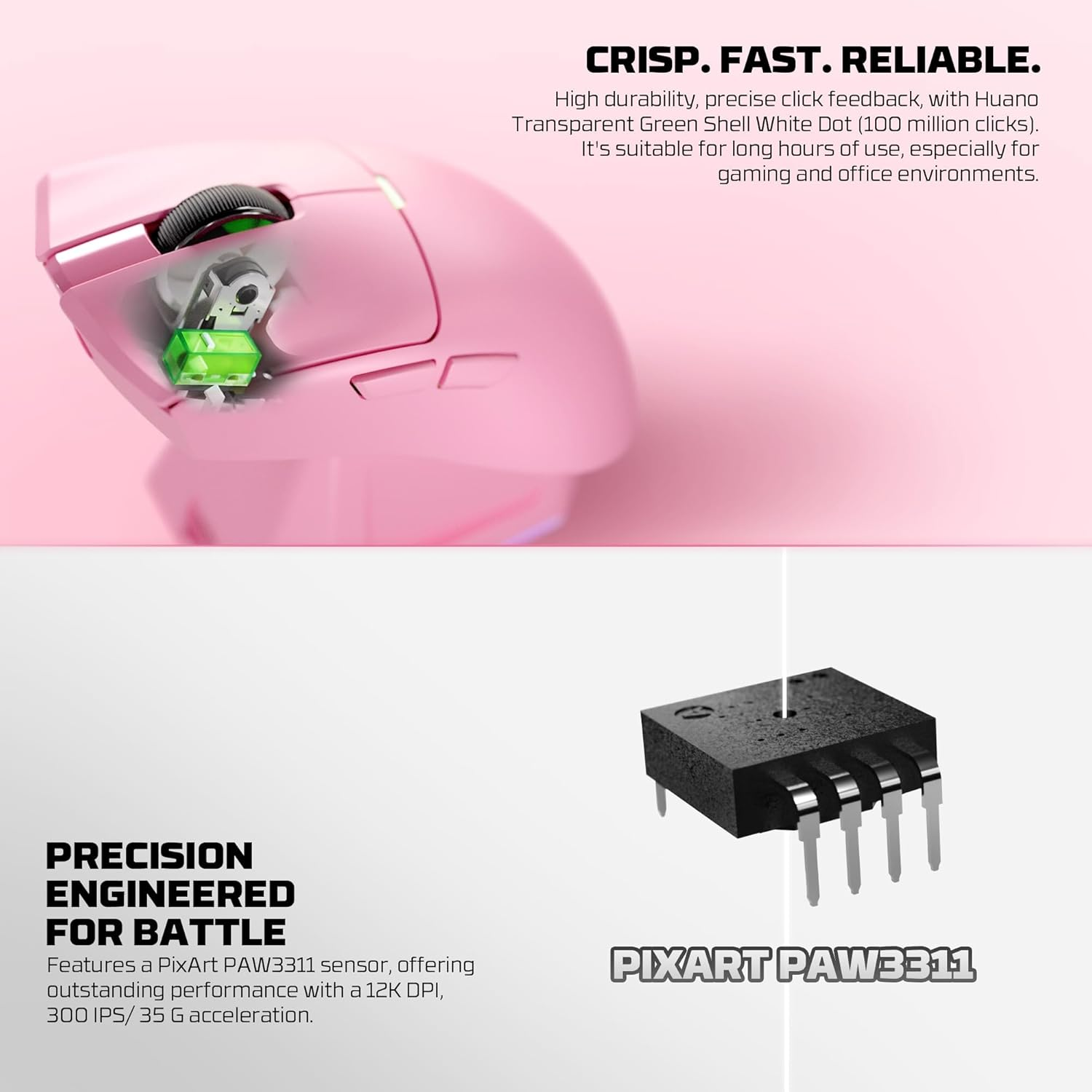 Fantech Tanto E Wireless Gaming Mouse Pixart 3311 Gaming Sensor 12000 DPI, HUANO Switches, Super Lightweight 57 Grams, 3 Mode Connectivity, RGB Charging Dock - Pink - Black image number 4