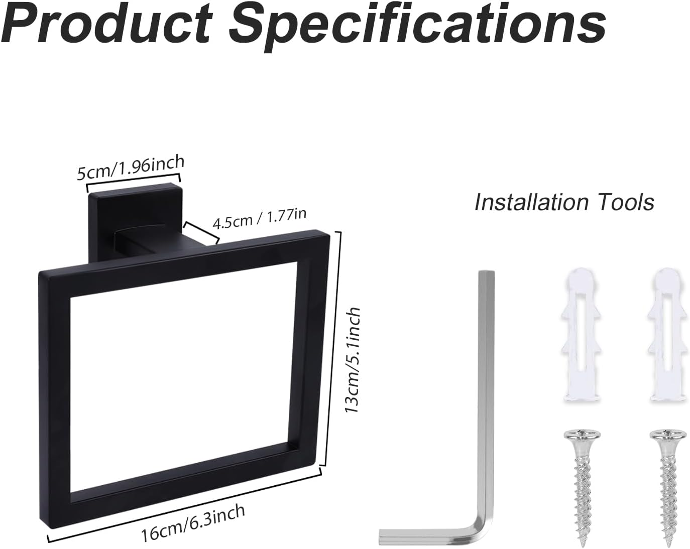 2Pcs Towel Holder for Bathroom, Matte Black Square Towel Ring Stainless Steel Wall Mounted Towel Holder Towel Rack Towel Hanger Towel Bar for Home Kitchen Bathroom Toilet