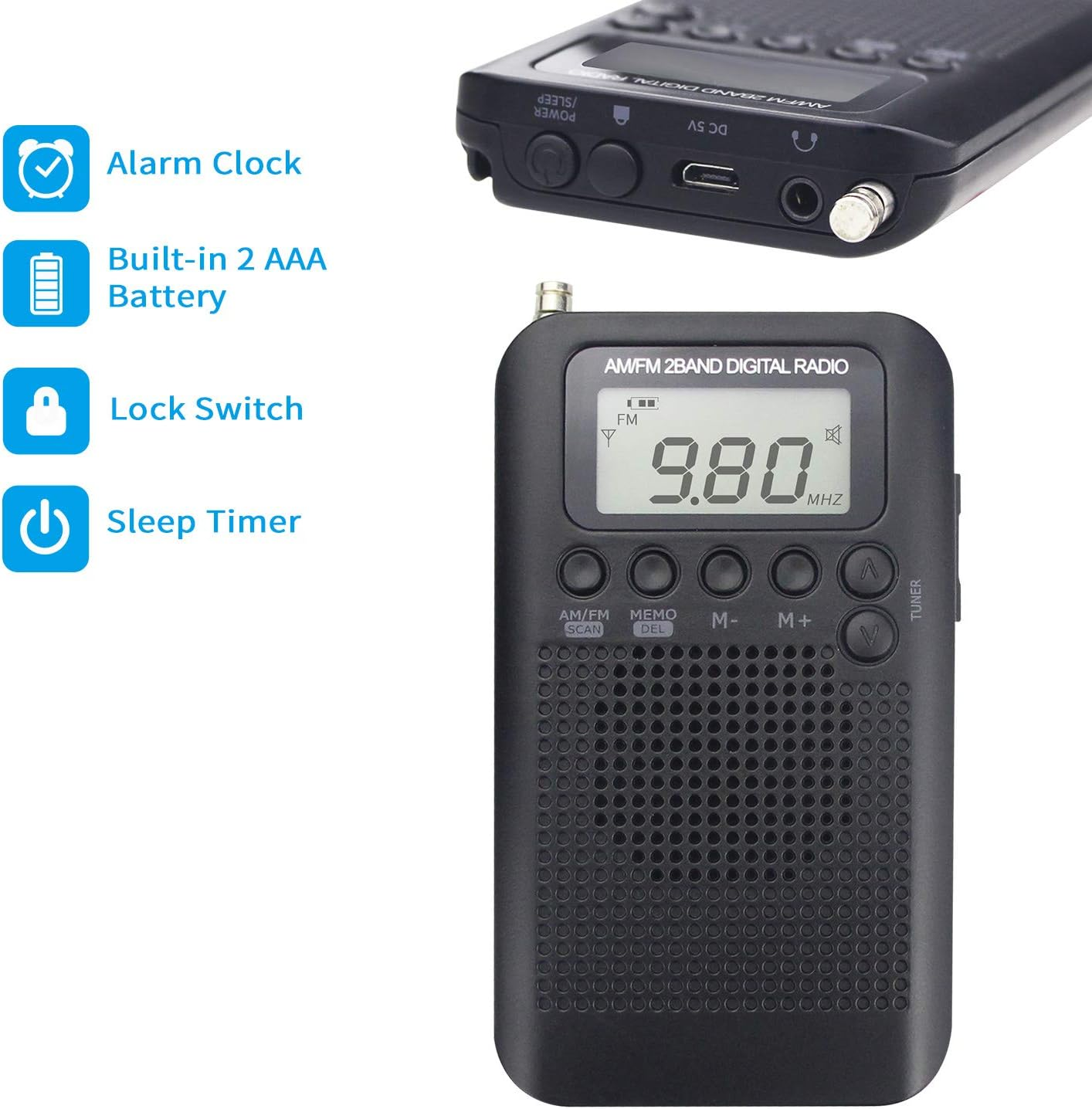 Pocket Portable AM FM Radio Mini Radio Digital Tuning Stereo Personal Radio with Earphone, Alarm Clock and Timer for Walking Running Jogging (Black) - Black image number 6