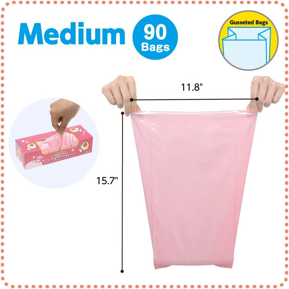 BOS Amazing Odor Sealing Baby Diaper Disposal Bags - Durable and Unscented [Size: M, Color: Pink] (90 Count, Pack of 2) (180 Bags)