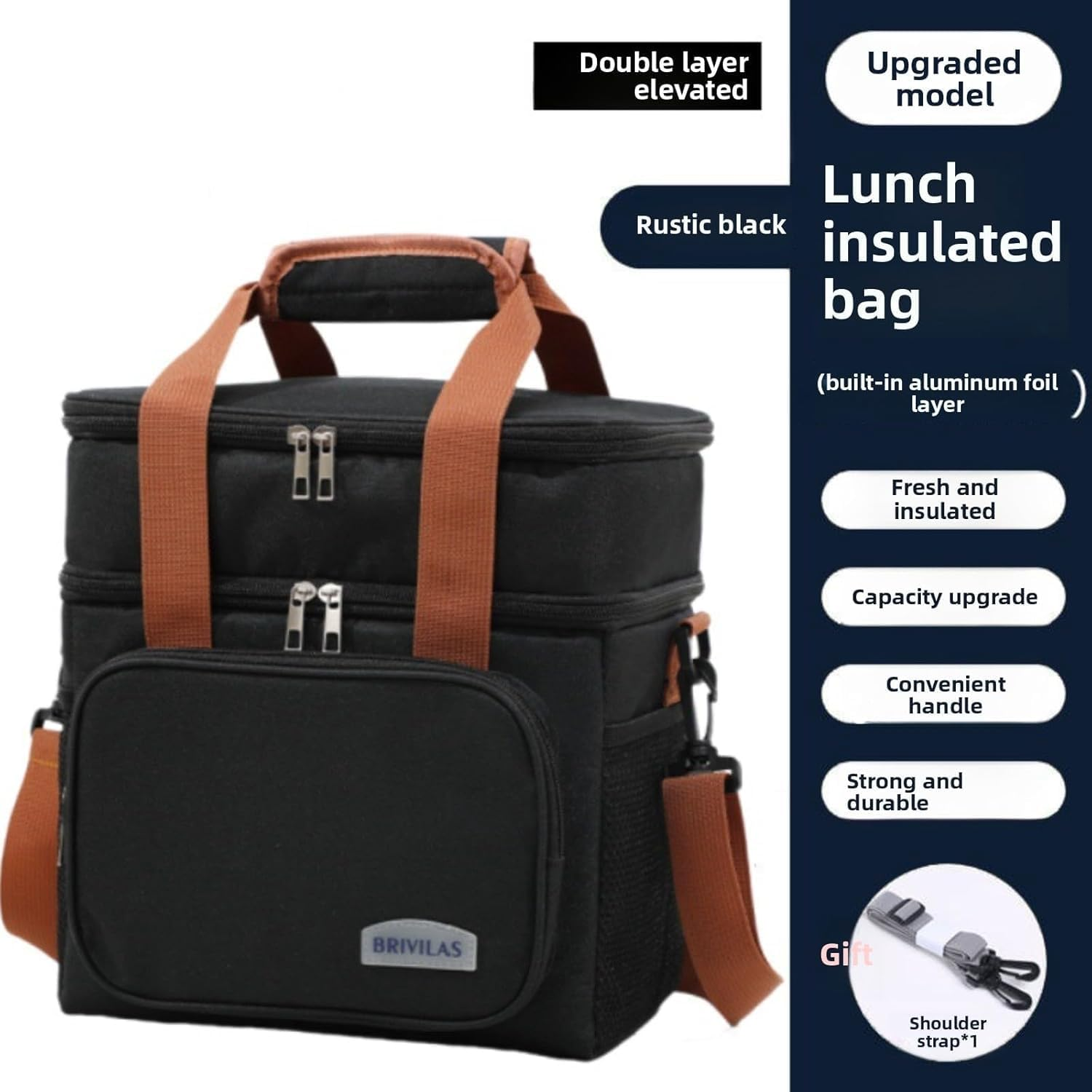 Insulated Lunch Box for Men & Women - Collapsible Cooler Bag Leakproof Double Deck, Large 12.5L Adult Lunch Bags for Work, Travel - Black Lunch Bag Cooler Lunch Box with Adjustable Strap image number 4