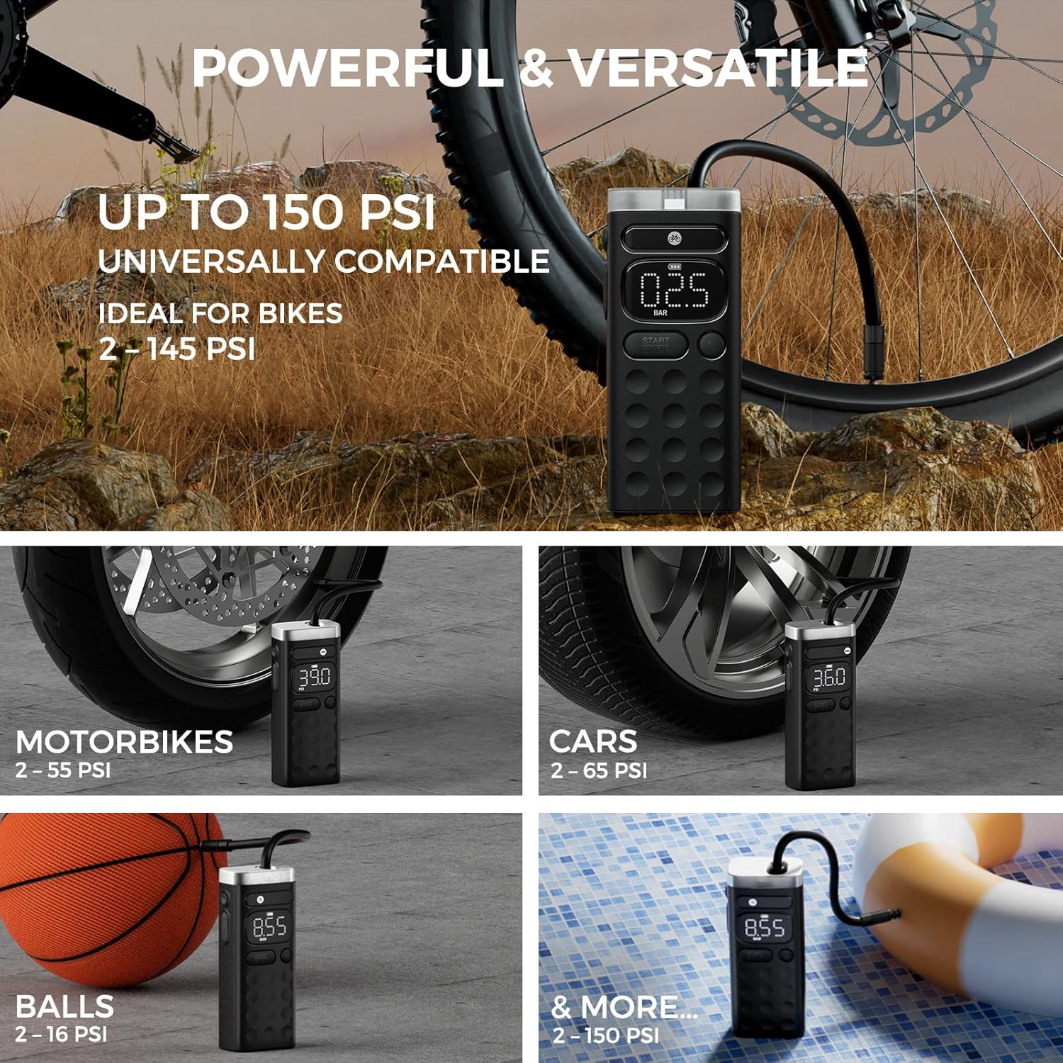 4Smarts Tire Inflator Portable Air Compressor, Electric Pump with Built-In Storage, 150 PSI Auto Shut-Off, Digital Display, USB-C Fast Charging for Car, Bike, Motorcycle, Ball, Pool Toys, Voltpump X image number 3