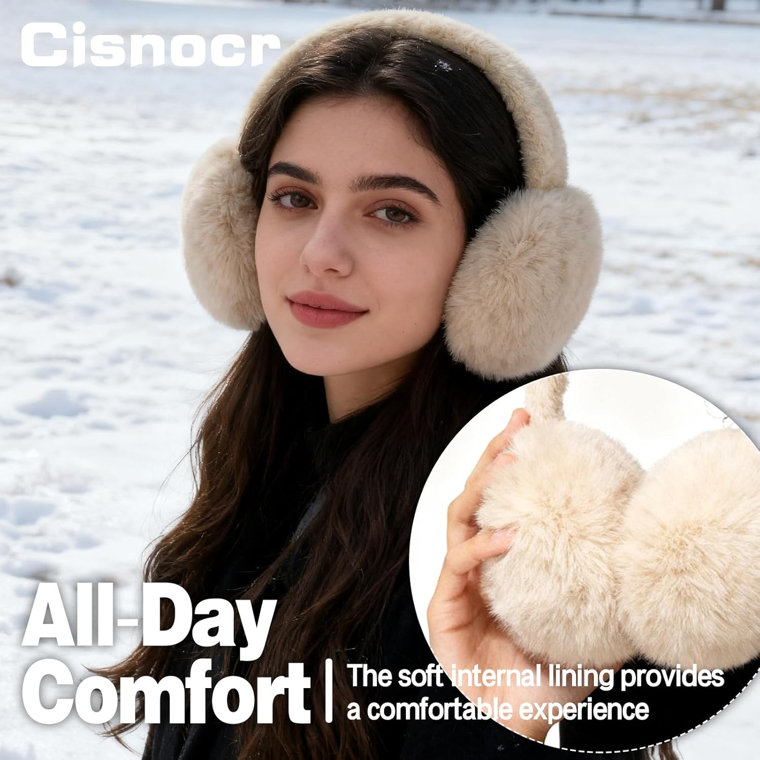 Cisnocr 2Pcs Earmuffs for Women Winter White Black Fur Earmuffs Foldable Ear Warmer Soft Ear Covers - Black+Cream image number 4