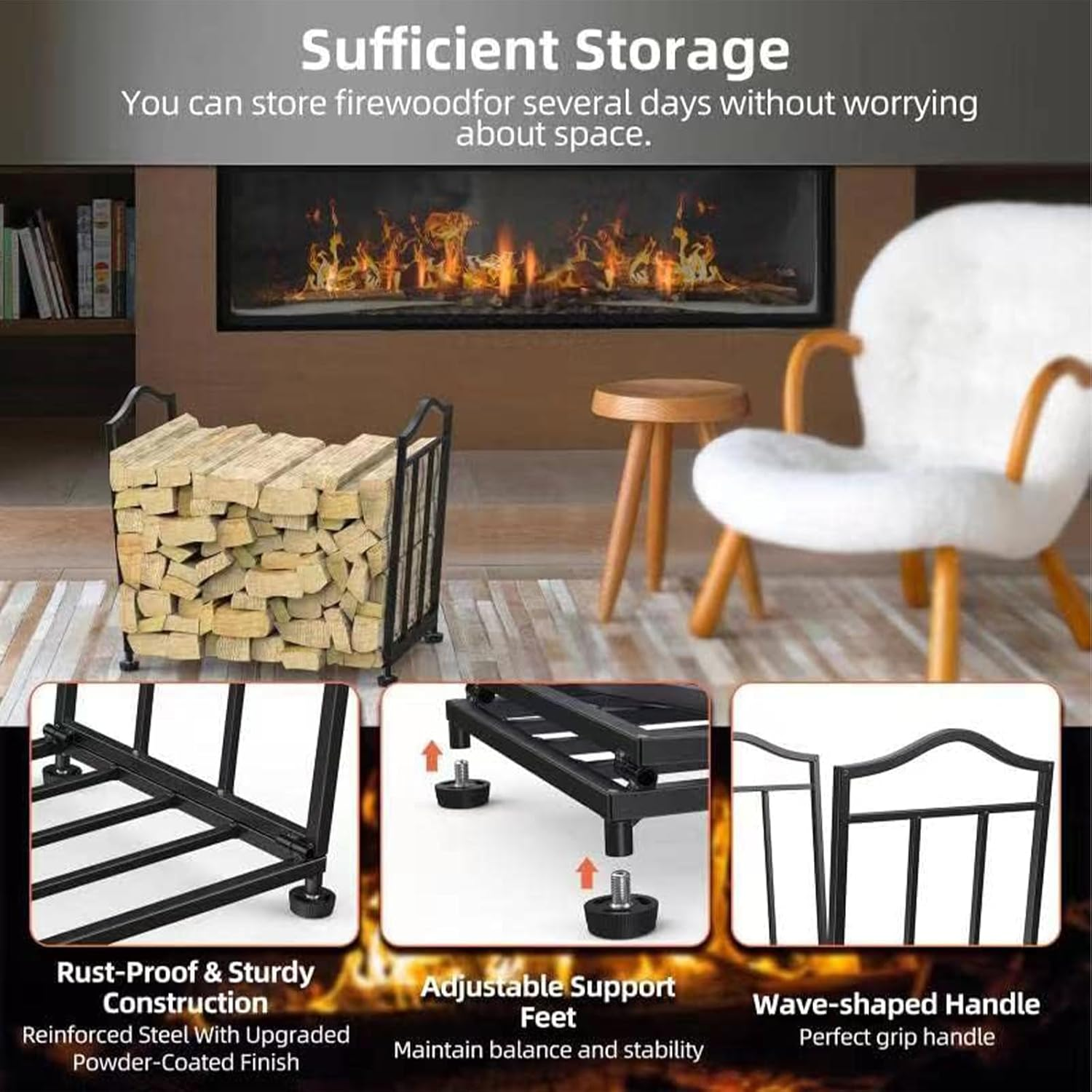 Cozioz Folding Firewood Rack - Indoor/Outdoor Metal Log Holder for Fireplace & Fire Pits (Space-Saving Design)