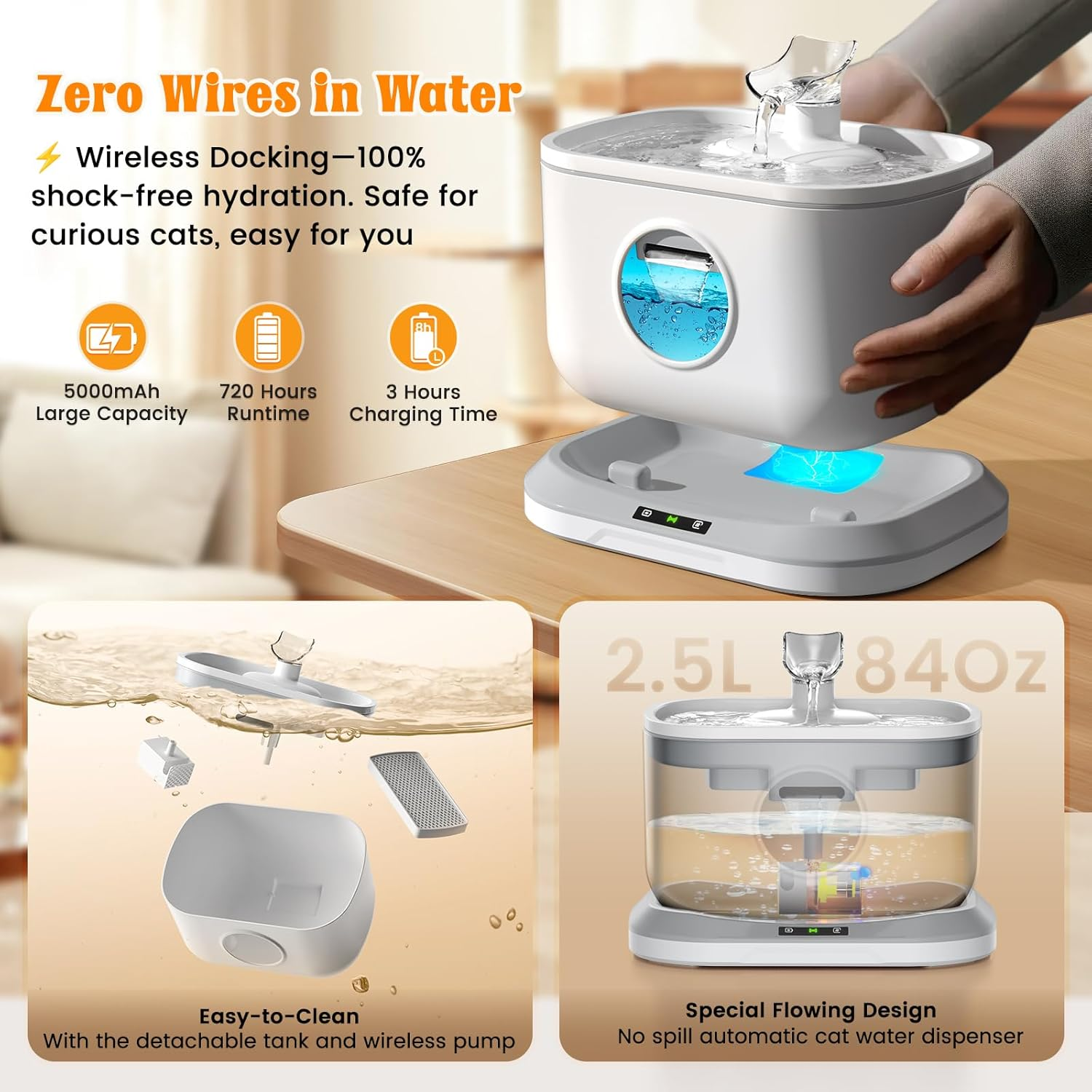 Petlipo 2.5L/84Oz Cat Water Fountain, 6.5Ft Radar Sensing Cordless Pet Fountain Battery Operated, Wireless Pump Auto Shut Off, 7-Layer Filtration Automatic Cat Fountains for Drinking, White image number 6