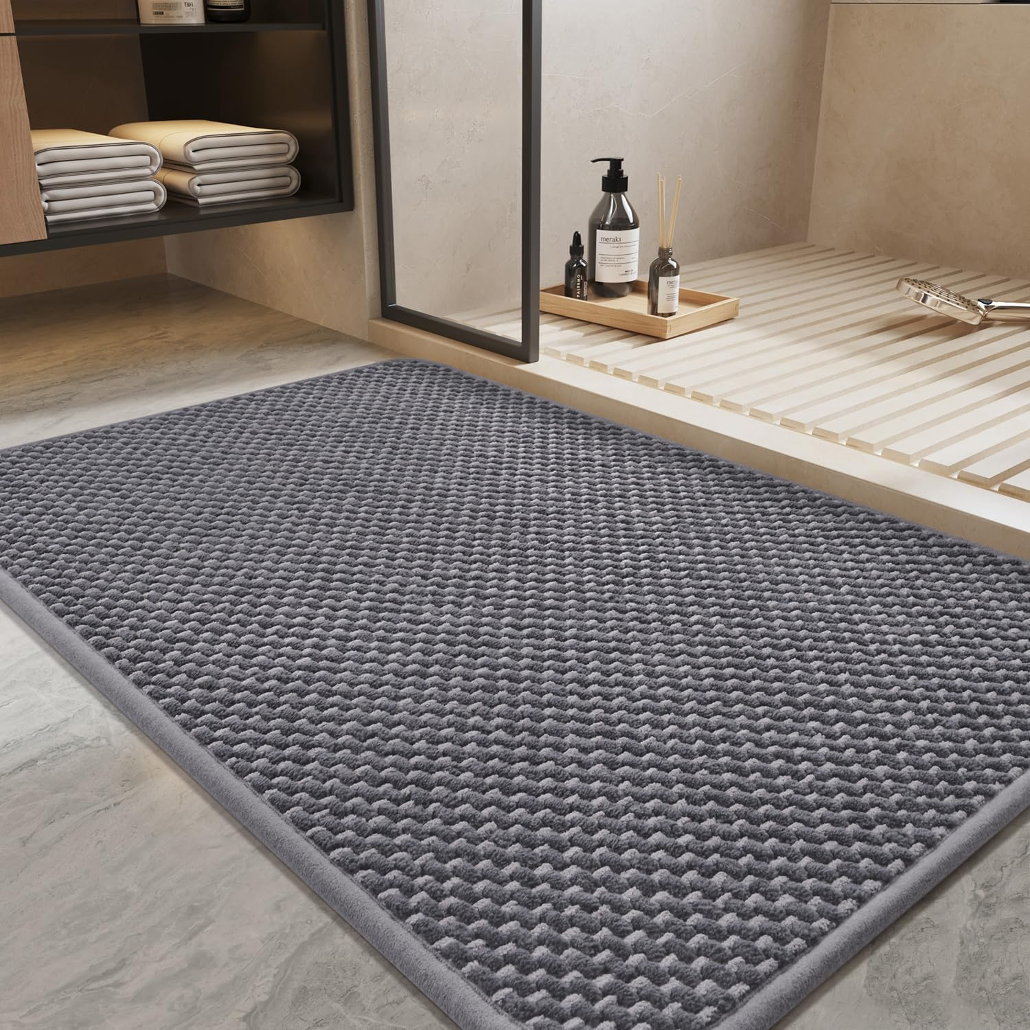 Padoor-Bath Mat-Super Absorbent Chenille Bathroom Mats-Rubber Backed Bath Mats for Bathroom Non Slip, Machine Washable Bathroom Rugs Front of Bathtub,Shower Room,Sink-43X61 CM Grey&Beige image number 2