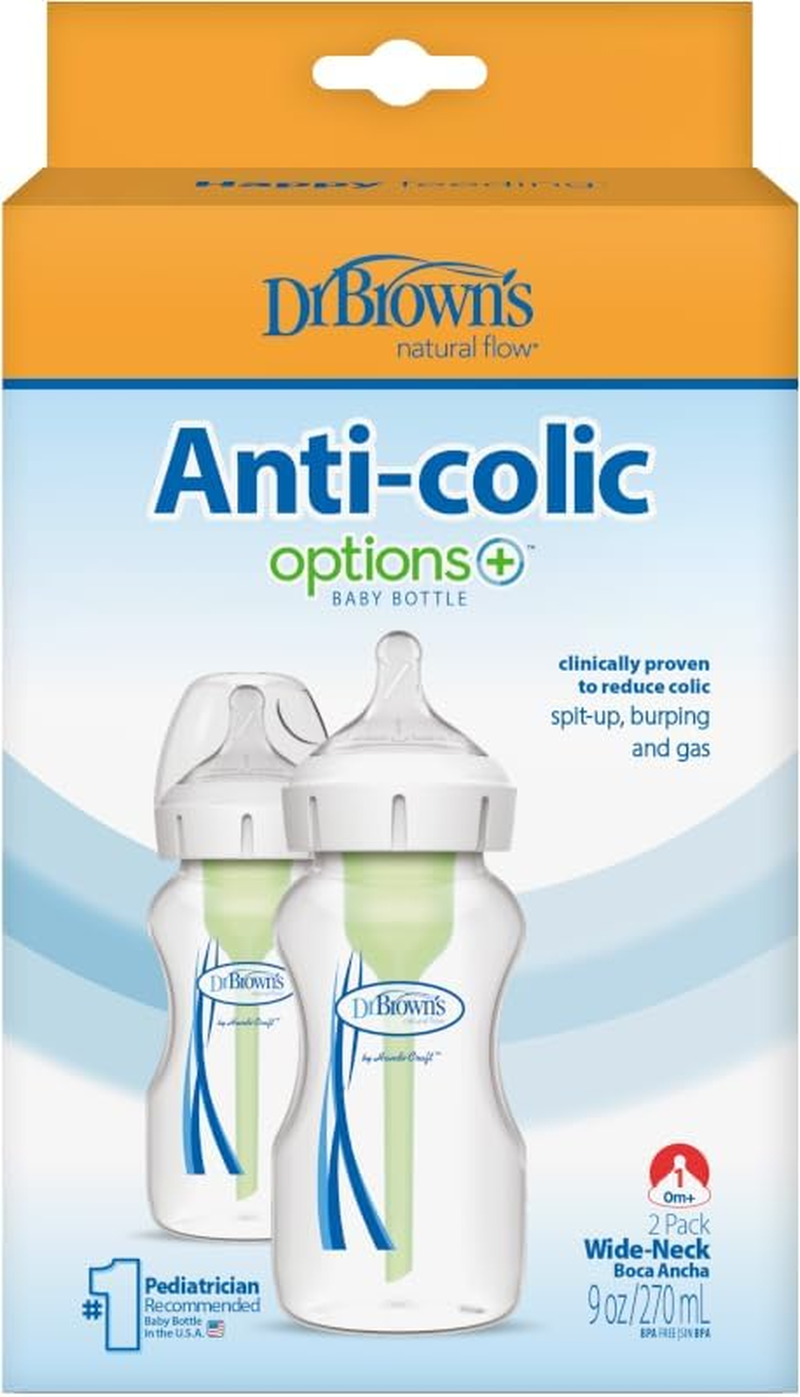 Dr. Brown'S Options plus with Level 1 Teat Wide Neck Feeding Bottle 2 Pack, 270 Ml image number 1
