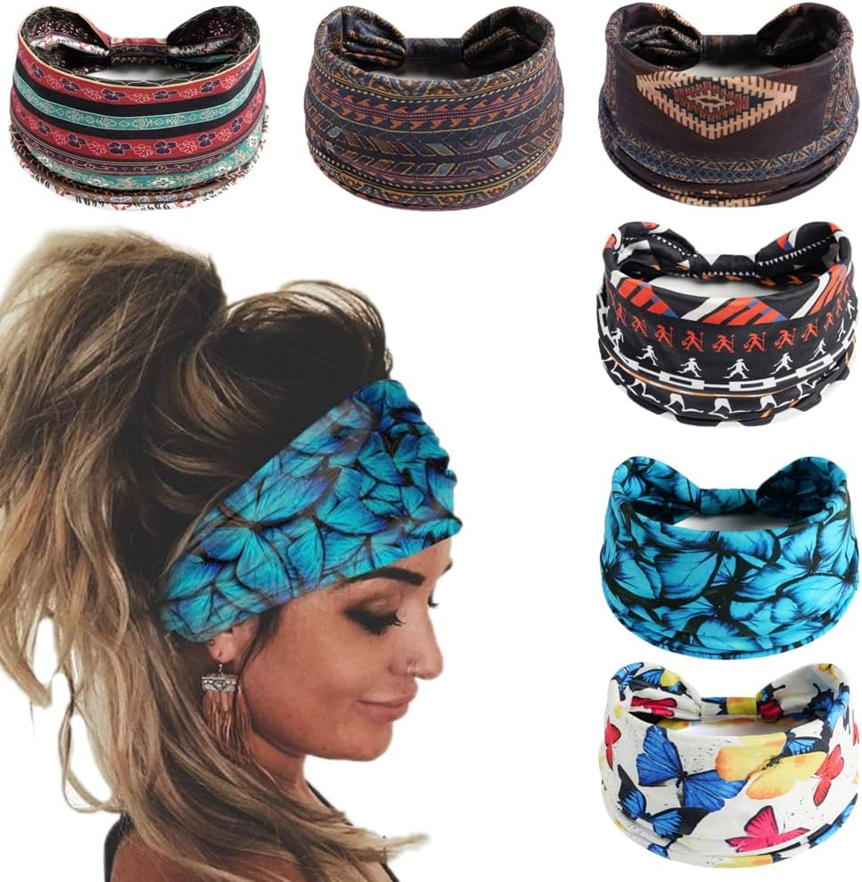 6Pcs Headbands for Women Wide Knotted Turban Bandana Boho Head Scarfs Wraps Yoga Hairbands Fabric Elastic Headband Sport Running Headscarves