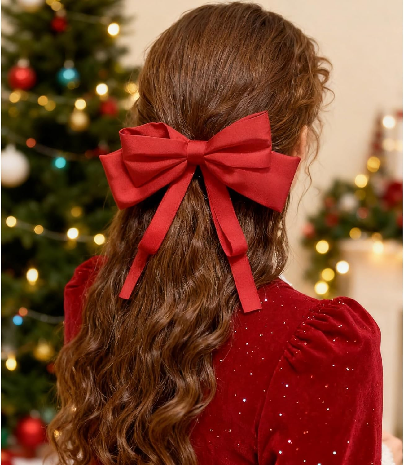 Red Hair Bows for Women Bow Hair Clips Silky Satin Bow Clips Cute Hair Bow Clips French Hair Band Bow Long Tail Bows Wedding Bow Barrette Bowknot Black White image number 1